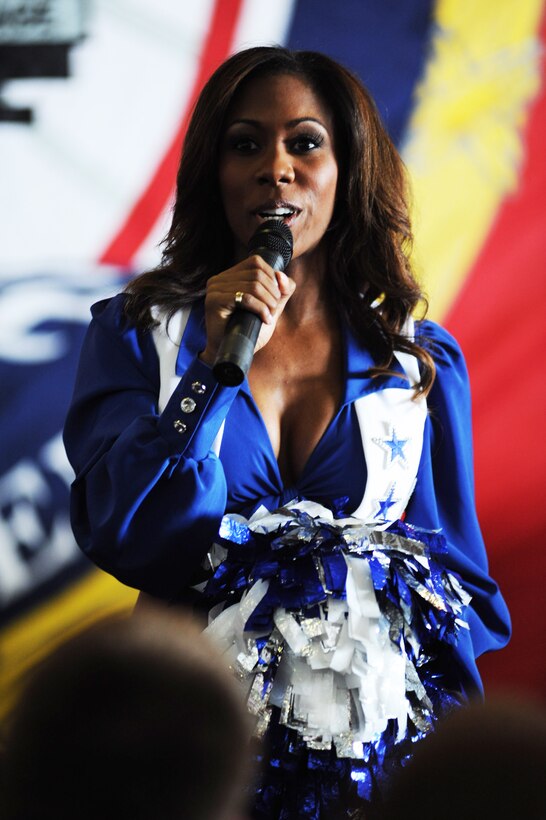 Dallas Cowboys Cheerleader Jackie Bob addresses sailors aboard the aircraft carrier USS John C. Stennis during a USO-sponsored visit led by Vice Chairman of Joint Chiefs of Staff Navy Adm. James A. Winnefeld Jr., Feb. 28, 2013. The Stennis is deployed to the U.S. 5th Fleet area of responsibility conducting maritime security operations, theater security cooperation efforts and support missions for Operation Enduring Freedom. U.S. Navy photo by Seaman Seth Coulter