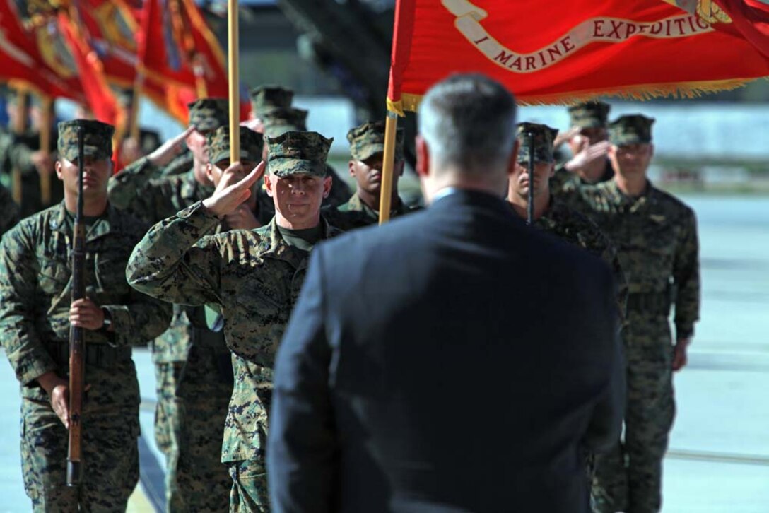 Maj. Gen. Melvin G. Spiese, the deputy commanding general of I Marine Expeditionary Force, salutes the Honorable Robert O. Work, Under Secretary of the Navy, during Spieseâ€™s retirement ceremony at Camp Pendleton, Calif., March 1. Spiese, from Chicago, has been awarded three Legion of Merit awards, the Joint Meritorious Service Medal, Meritorious Service Medal, three Navy and Marine Corps Commendation Medals and the Joint Service Achievement Medal during his 36 years of honorable service.