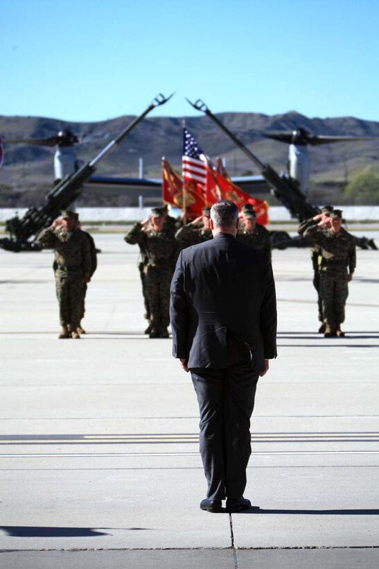 The Honorable Robert O. Work, Under Secretary of the Navy, receives honors from Marines, sailors and guests during the retirement ceremony for Maj. Gen. Melvin G. Spiese, the deputy commanding general of I Marine Expeditionary Force, at Camp Pendleton, Calif., March 1. Spiese, from Chicago, has been awarded three Legion of Merit awards, the Joint Meritorious Service Medal, Meritorious Service Medal, three Navy and Marine Corps Commendation Medals and the Joint Service Achievement Medal during his 36 years of honorable service.
