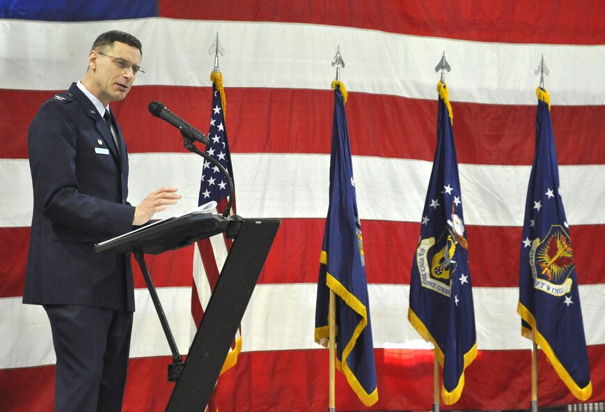Air Force Reserve Col. James Van Housen, 302nd Maintenance Group commander, addresses Airmen of the group March 2 prior to two assumptions of command ceremonies at Peterson Air Force Base, Colo. Van Housen presided over both assumptions of command ceremonies, where Maj. John Drain and Capt. Michael Allen took command of the 302nd Aircraft Maintenance Squadron and 302nd Maintenance Operations Flight, respectively. “They are two exceptional people and with them taking command, it’s going to be wonderful,” Van Housen said. Drain, a former enlisted avionics technician, has served in a number of officer billets, including F-22 maintenance at Tyndall AFB, Fla., and the commander of the AF Reserve’s 934th MOF in Minneapolis, Minn. Allen, also a prior enlisted Airman in security forces, takes on the leadership role of the 302nd MOF after serving within the 302nd Airlift Wing since March 2009. The 302nd MXG is the parent organization to both the 302nd AMXS and MOF. (U.S. Air Force photo/Tech. Sgt. Stephen J. Collier)