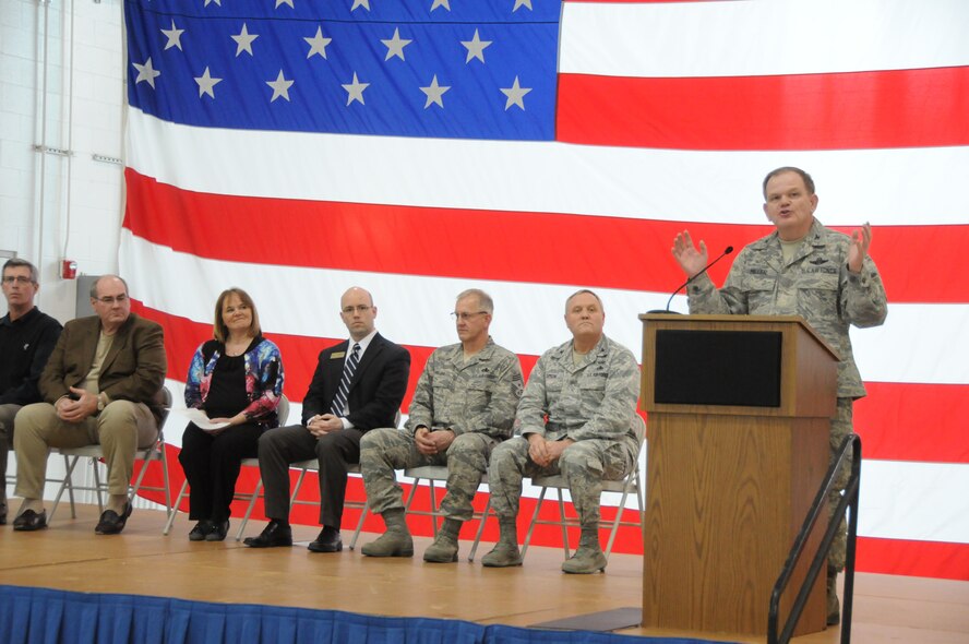 Col Brian Miller, 185th Base Commander, at the Air Refueling Wing (ARW), speaks to his airman for a job well done overseas.  Members of the 185th ARW were honored in a welcome home ceremony for deploying overseas, at the 185th base in, Sioux City, Iowa, March 3, 2013. (U.S. Air Force Photo by tech. Sgt. Oscar Sanchez / Released)