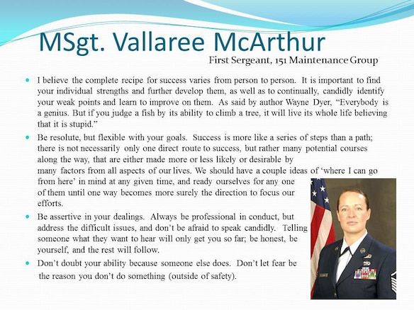 The Utah Air National Guard commemorated Women's History Month on base, March 3, with a presentation by the Vice Wing Commander. The presentation included personal advice from several senior officers and enlisted women who worked their way to the top of the ranks within the Utah ANG. (U.S. Air Force photo courtesy of the Utah Air National Guard)(RELEASED)