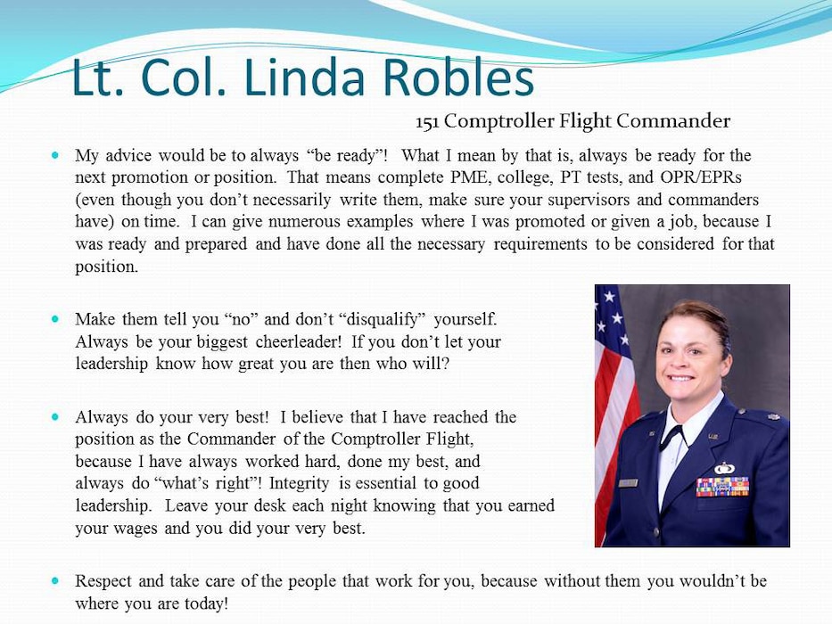 The Utah Air National Guard commemorated Women's History Month on base, March 3, with a presentation by the Vice Wing Commander. The presentation included personal advice from several senior officers and enlisted women who worked their way to the top of the ranks within the Utah ANG. (U.S. Air Force photo courtesy of the Utah Air National Guard)(RELEASED)