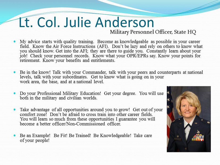 The Utah Air National Guard commemorated Women's History Month on base, March 3, with a presentation by the Vice Wing Commander. The presentation included personal advice from several senior officers and enlisted women who worked their way to the top of the ranks within the Utah ANG. (U.S. Air Force photo courtesy of the Utah Air National Guard)(RELEASED)