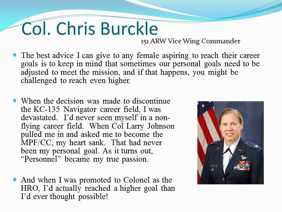 The Utah Air National Guard commemorated Women's History Month on base, March 3, with a presentation by the Vice Wing Commander, Col. Christine Burckle. In her presentation, Burckle highlighted women's roles throughout military history and offered advice to women who currently serve. (U.S. Air Force photo courtesy of the Utah Air National Guard)(RELEASED)