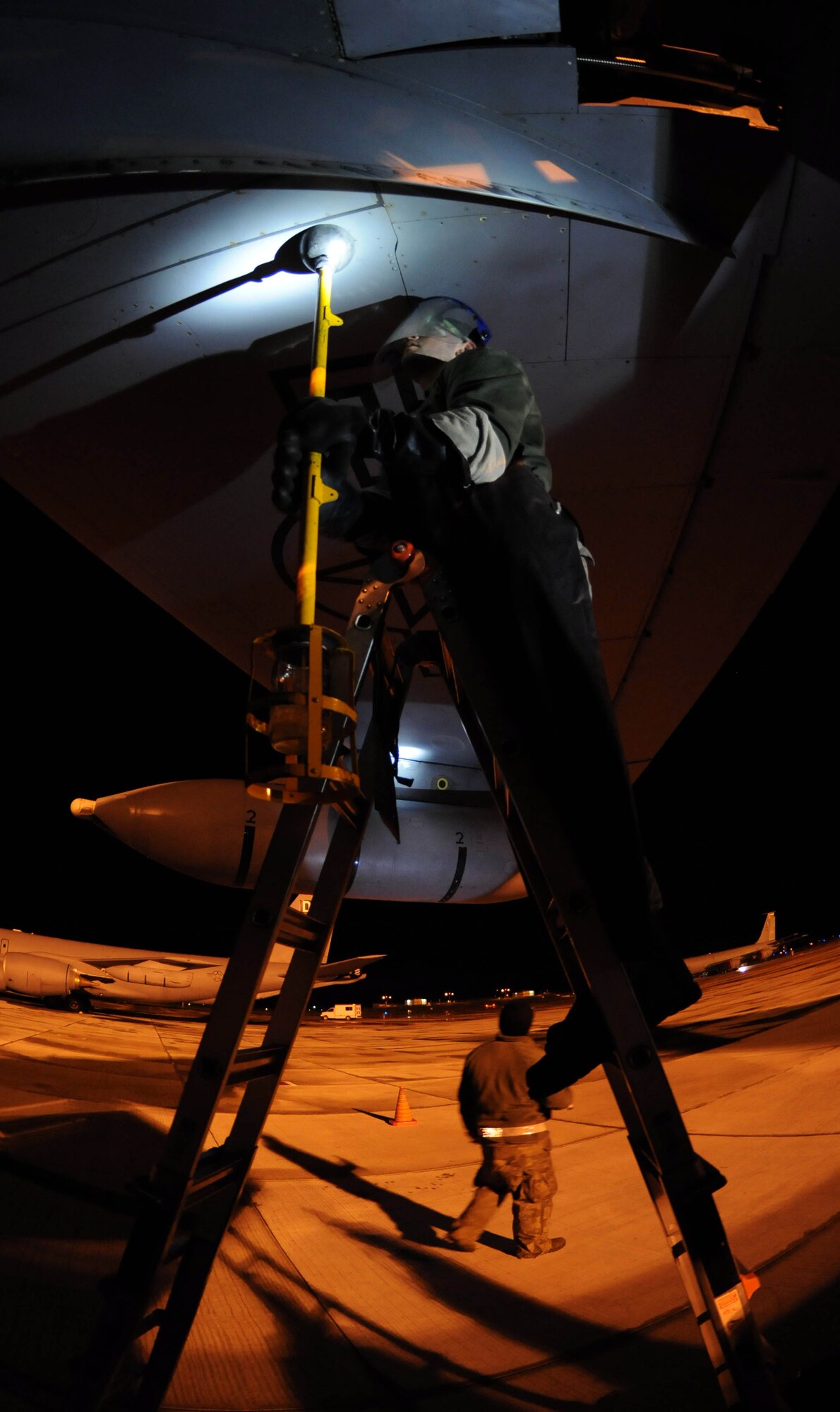 Staff Sgt. Nicholas Carone, 100th Aircraft Maintenance Squadron, takes a fuel sample from a KC-135 Stratotanker Feb. 28, 2013. Carone, from Elk Grove, Calif., is deployed to southwest Europe in support of French operations in Mali. KC-135 aircrews from the 100th Air Refueling Wing, RAF Mildenhall, England, have been flying aerial refueling sorties from the deployed location since January. (U.S. Air Force photo/Staff Sgt. Austin M. May)