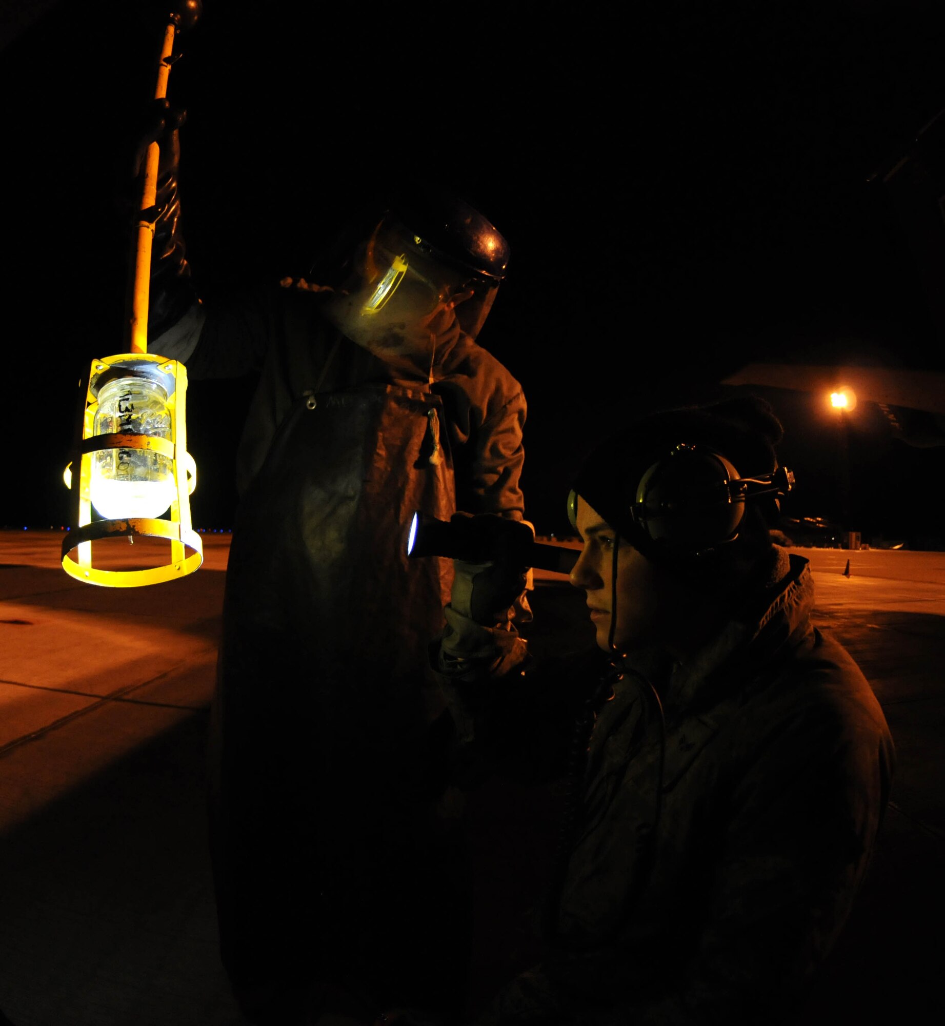 Staff Sgt. Nicholas Carone (left) and Senior Airman Eric Wietstruk, 100th Aircraft Maintenance Squadron, inspect a fuel sample taken from a KC-135 Stratotanker Feb. 28, 2013. Cursory inspections of fuel may reveal water or debris, which could mean the gas is unsafe for flight. Carone, from Elk Grove, Calif., and Wietstruk, from Warner Robins, Ga., are deployed to southwest Europe in support of French operations in Mali. KC-135 aircrews from the 100th Air Refueling Wing, RAF Mildenhall, England, have been flying aerial refueling sorties from the deployed location since January. (U.S. Air Force photo/Staff Sgt. Austin M. May)