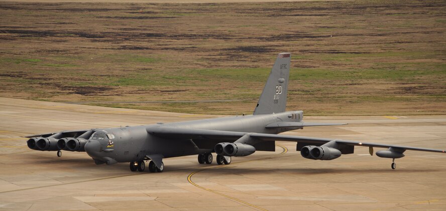 A B-52H Stratofortress taxis to the runway on Barksdale Air Force Base, La., March 4. Air Traffic Controllers inform the aircrew on weather and flightline conditions and provide take-off clearance. (U.S. Air Force photo/Airman 1st Class Benjamin Gonsier)