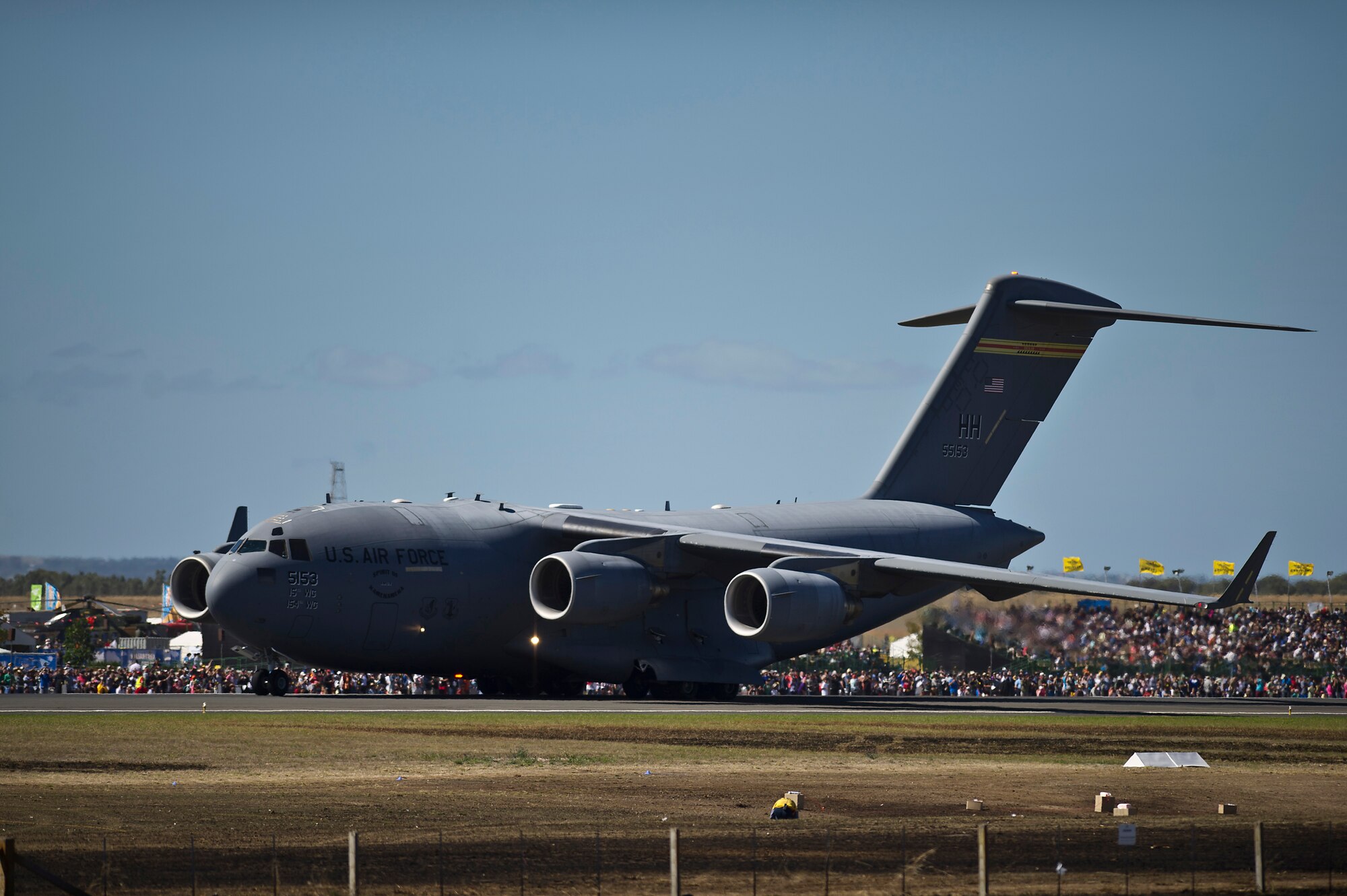 A U.S. Air Force C-17 Globemaster III from the Pacific Air Forces (PACAF) Demonstration Team takes off to perform an aerial demonstration for an estimated 180,000 spectators at the Australian International Airshow, March 2, 2013 at Avalon Airport in Geelong, Australia. The PACAF C-17 demo team is part of the 535th Airlift Squadron and is based out of Joint Base Pearl Harbor-Hickam, Hawaii. Approximately 220 U.S. service members along with the U.S. Air Force's F-22 Raptor, C-17 Globemaster III, F-16 Fighting Falcon, B-52 Stratofortress, and KC-135 Stratotanker are supporting AIA 2013, which allows a unique opportunity for the United States to showcase its aviation prowess and strengthen military-to-military ties with our Pacific allies and partners. (Department of Defense photo by U.S. Air Force Tech. Sgt. Michael R. Holzworth/Released)