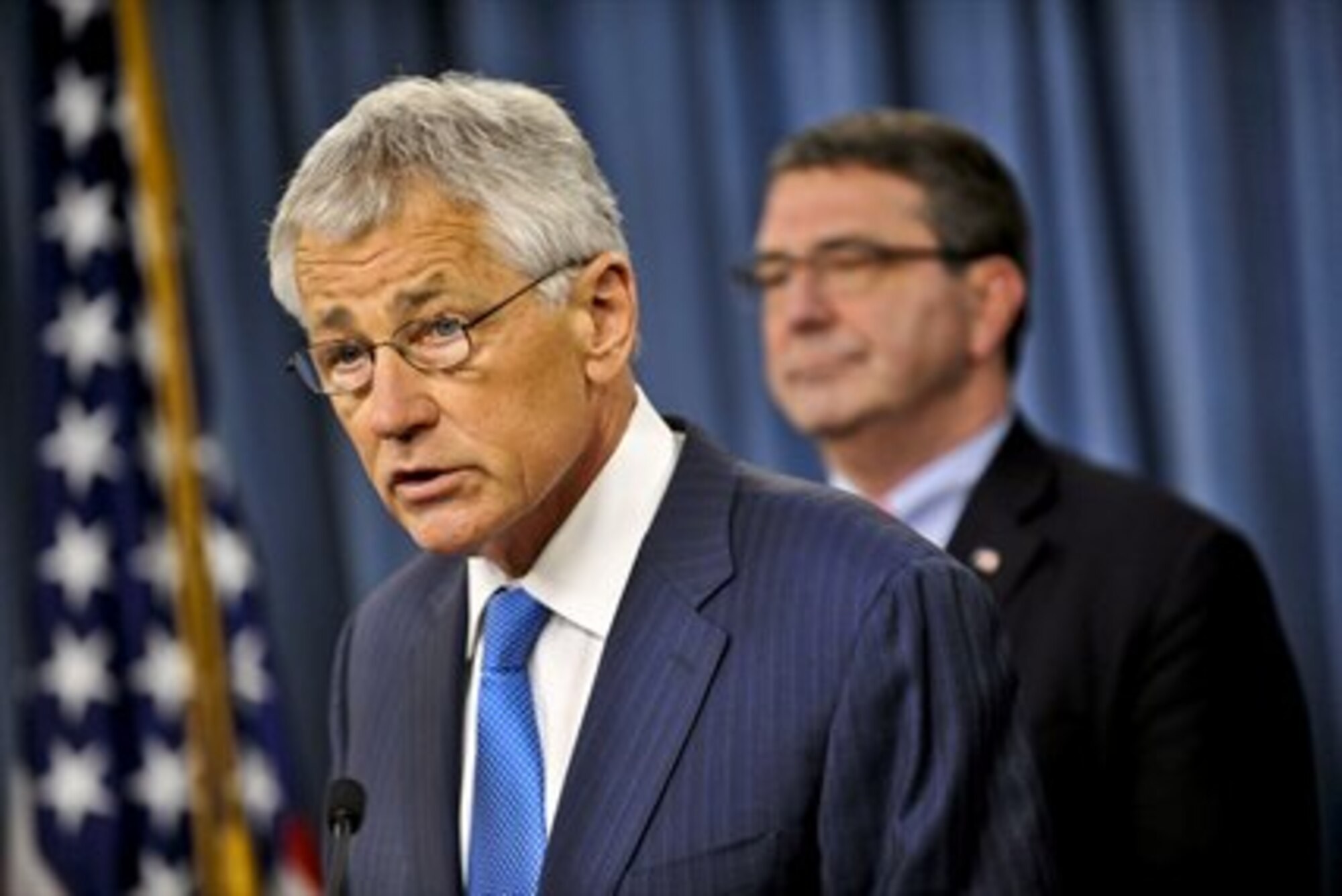 In his first press briefing as Defense Secretary, Chuck Hagel discusses the onset of the sequester and the grave impact it will have on national security and military readiness during a briefing at the Pentagon, March 1, 2013. After taking initial questions from reporters, Hagel introduced Deputy Defense Secretary Ash Cater, who provided details on the impending steep cuts. (DOD photo by Glenn Fawcett/Released)