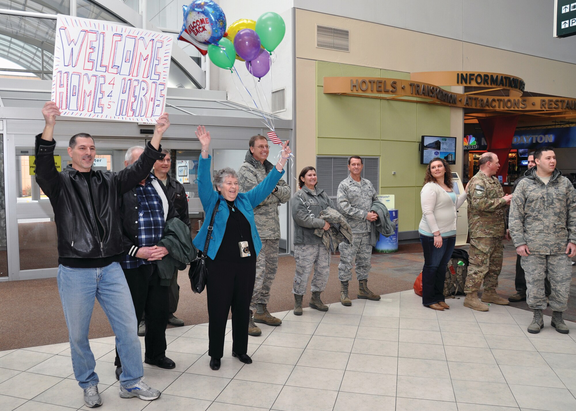 WRIGHT-PATTERSON AIR FORCE BASE, Ohio - Family, friends and members of the 445th Airlift Wing welcome home Airmen of the 445th Aeromedical Evacuation Squadron returning from a deployment to Southwest Asia at the Dayton International Airport Feb. 10. (U.S. Air Force photo/Senior Airman Matthew Cook)