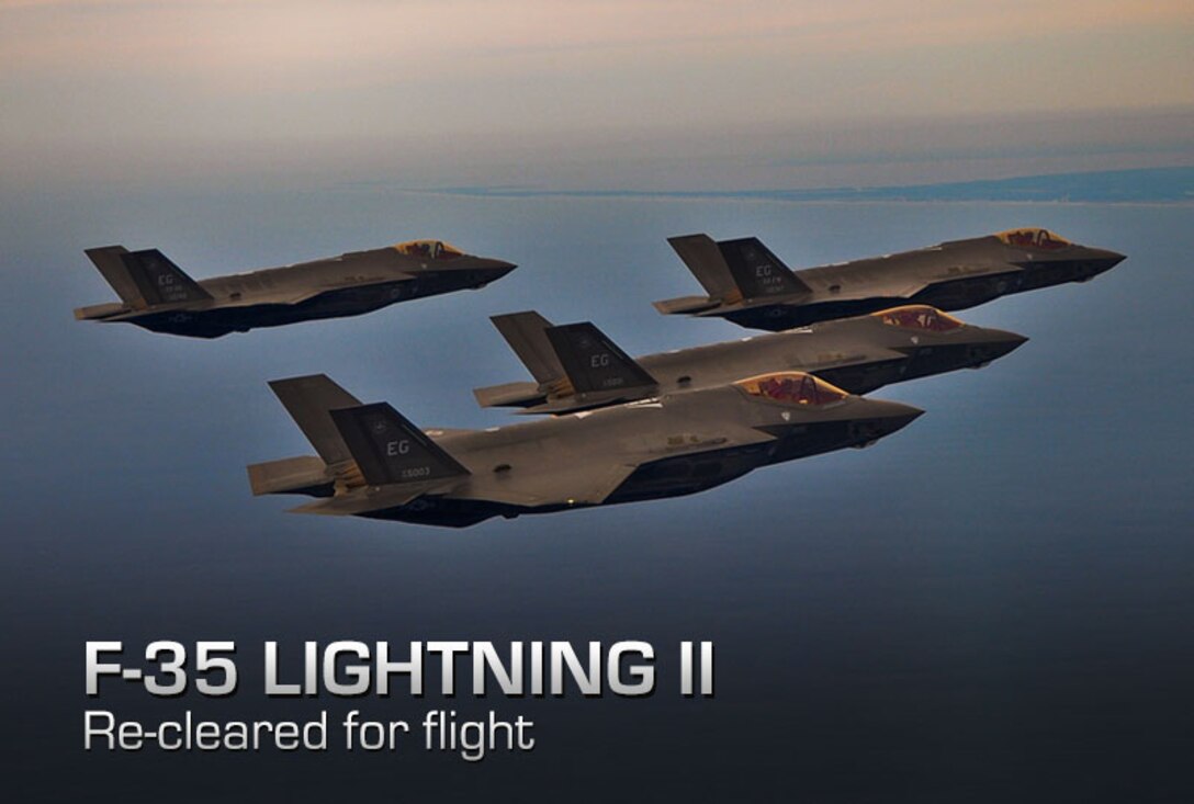 A four-ship of F-35A Lightning IIs returns to Eglin Air Force Base, Fla., after a sortie Feb. 1. Pilots with the 33rd Fighter Wing began flying the formation for the first time here last week. (U.S. Air Force photo/Capt. Edward Schmitt)
