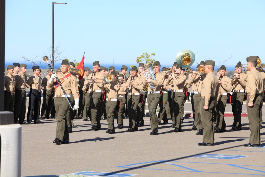 The 1st Marine Division Band performs for the 1st Marine Special Operations Battalion, U.S. Marine Corps Forces, Special Operations Command change of command ceremony at Camp Pendleton, Calif., March 1. Lt. Col. John J. Lynch, the commanding officer of 1st MSOB, took command of the battalion from Lt. Col. Michael A. Brooks during the ceremony.