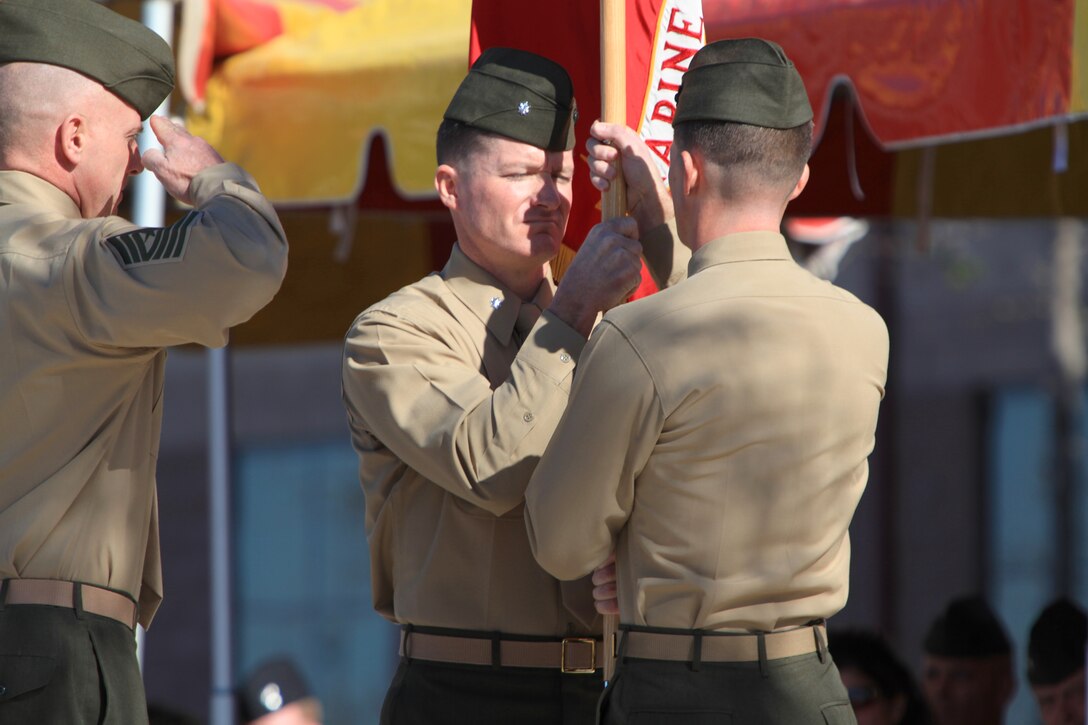 Lt. Col. Michael A. Brooks, Jr., the commanding officer of 1st Marine Special Operations Battalion, U.S. Marine Corps Forces, Special Operations Command, relinquishes his command to Lt. Col. John J. Lynch during a change of command ceremony at Camp Pendleton, Calif., March 1.
