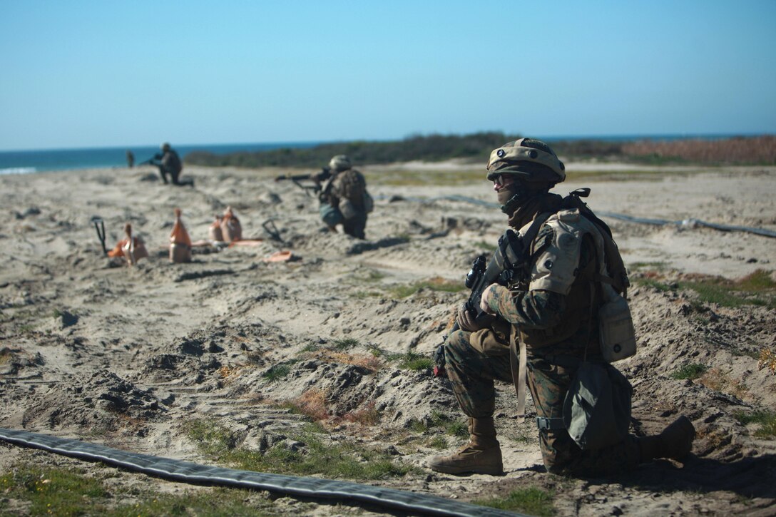 Marines with Bulk Fuel Company, 7th Engineer Support Battalion, 1st Marine Logistics Group, provide security for a hose line aboard Camp Pendleton, Calif., Tuesday, Feb. 25, 2013. To power any kind of operation from war to humanitarian assistance disaster relief missions, bulk fuel Marines with 7th ESB trained to rapidly deploy a hose that can transport fuel from a ship to a facility deep inland.