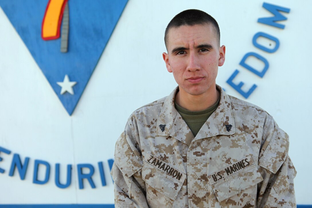 Corporal Ignacio Zamarron, an administrative clerk with Regimental Combat Team 7 and a 22-year-old native of San Jose, Calif., has enjoyed his time in the Marine Corps and is preparing to attend college to get an accounting degree. “He has the best work ethic I have ever seen,” said Sgt. Sunshine Yubeta, the Classified Material Control Center Chief with Regimental Combat Team 7. “He can do whatever he sets his mind to.”
