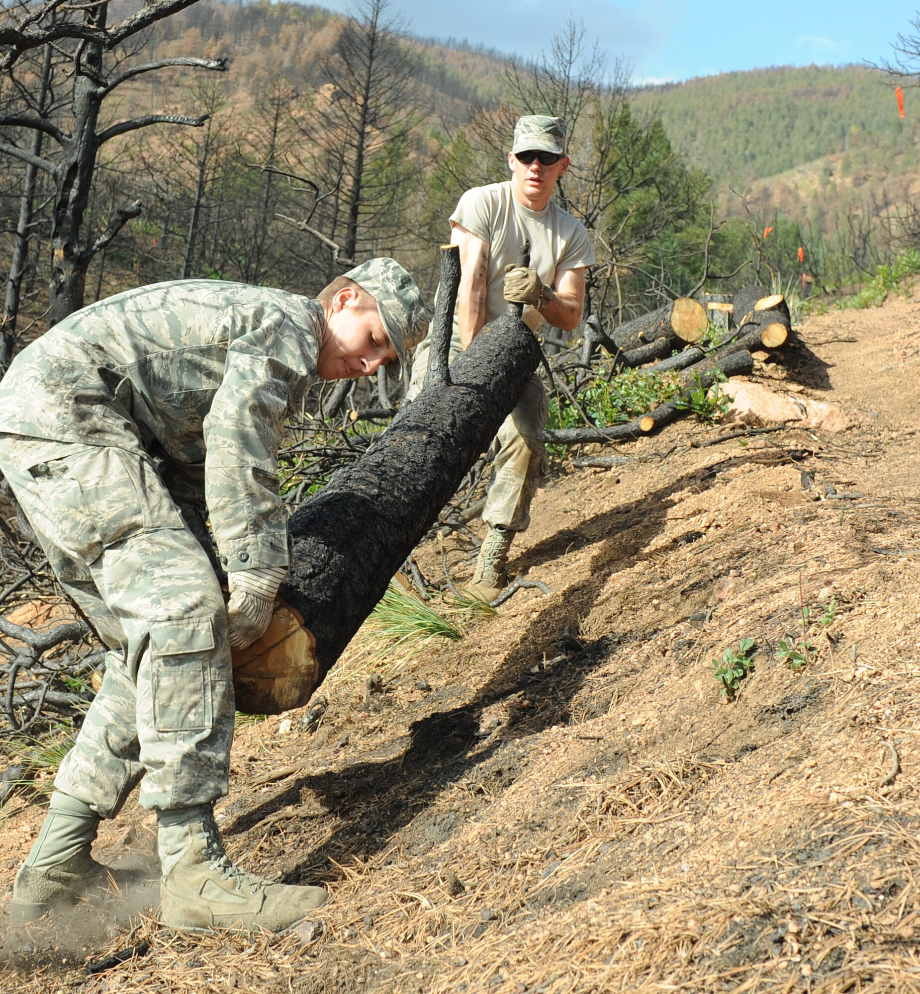 Cadets create a log berm Sept. 30, 2012, to reduce flood risk on Blodgett Peak, which was burned during the Waldo Canyon Fire in June. Approximately 400 cadets helped local wildfire mitigation efforts with cleanup and erosion control in ravines near Blodgett Peak and Ormes Peak, on the western side of Colorado Springs, Colo. Cadets are scheduled to continue their work on Blodgett Peak in May 2013. (U.S. Air Force photo/John Van Winkle)