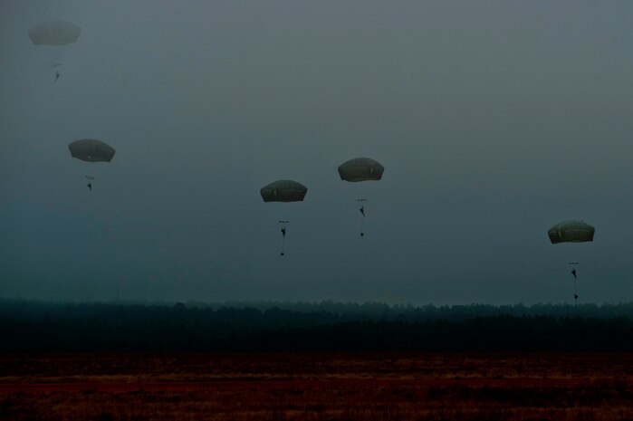 U.S. Airmen and Soldiers parachute to the ground during a Joint Access Operation Exercise mission Feb. 23, 2013, at Fort Bragg, N.C. Seventy Airmen and Soldiers jumped from a C-17 Globemaster along with eight pieces of equipment. (U.S. Air Force photo by Senior Airman Daniel Hughes)