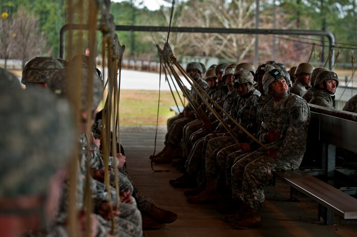 U.S. Air Force Airmen from the 820th Rapid Engineer Deployable Heavy Operational Repair Squadron Engineers Airborne from Nellis Air Force Base, Nev., and U.S. Army Soldiers from the 161st Engineer Support Company combat airborne from Fort Bragg, N.C., simulate jumping from a C-17 Globemaster before participating in a Joint Access Operation Exercise jump mission Feb. 23, 2013, at Fort Bragg, N.C. The pre-jump practices help the jumpers prepare for the upcoming mission. (U.S. Air Force photo by Senior Airman Daniel Hughes)
