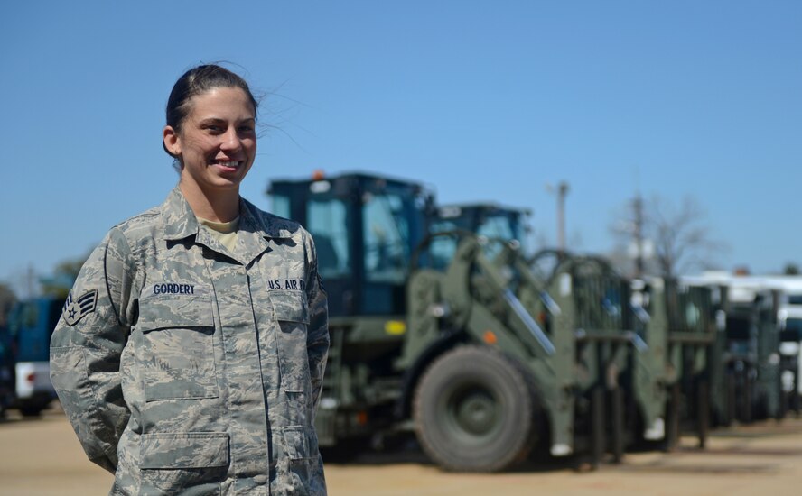 Senior Airman Katie Gordert, 2nd Logistics Readiness Squadron Vehicle Operations, joined the Air Force after hearing her father reminisce about his time in the Army. Like Esther Blake, the first female in the Air Force, Gordert enjoys working in a career field mostly comprised of men. "I like showing the boys that girls can do the same things they can." (U.S. Air Force photo/Senior Airman Micaiah Anthony)(RELEASED)
