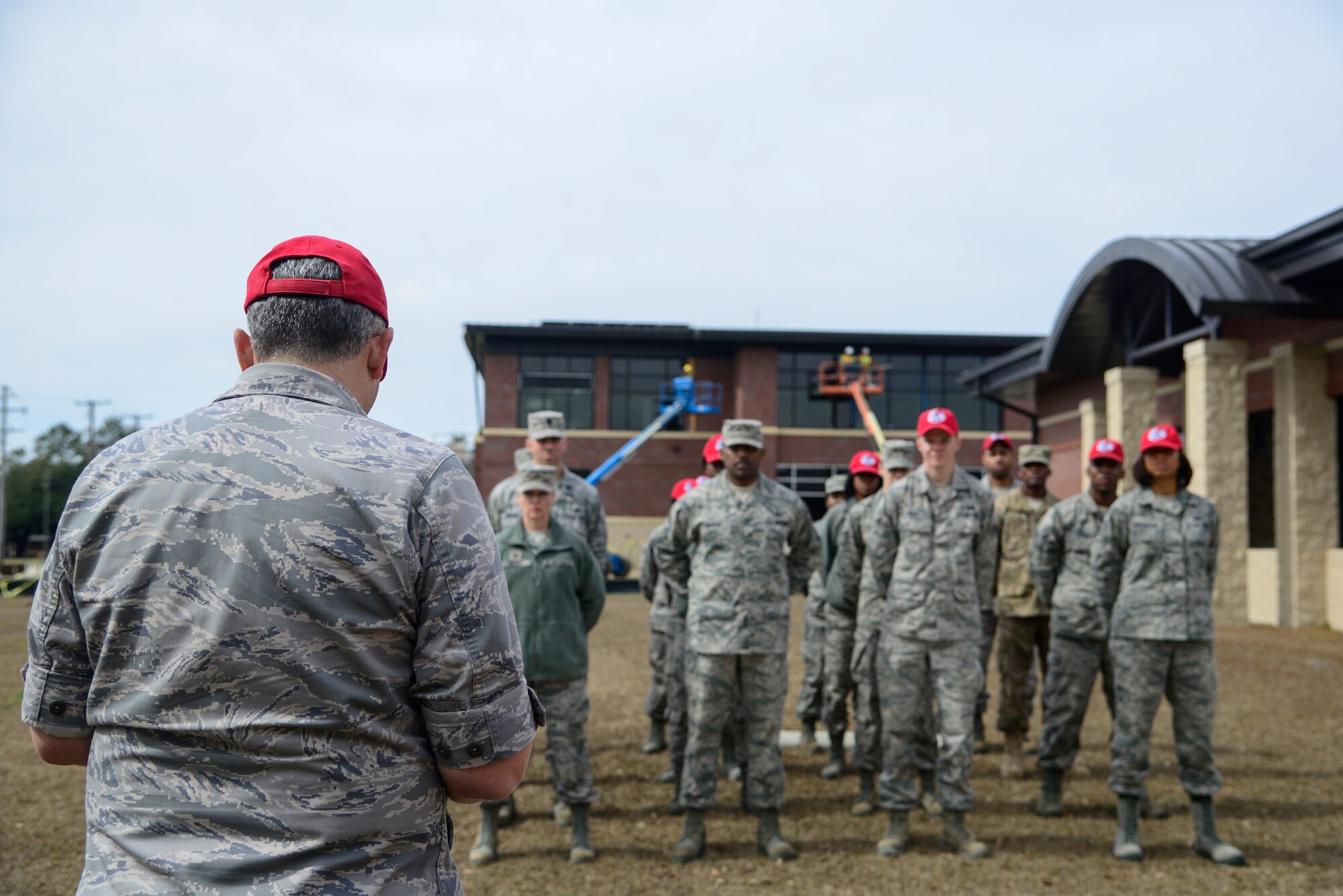 Lieutenant Colonel Joseph Swaim, 560th Rapid Engineer Deployable, Heavy Operational Repair Squadron commander, remembers Brig. Gen. Tom Meredith, during a memorial ceremony Feb. 27, 2013, at Joint Base Charleston – Air Base, S.C. Meredith founded the RED HORSE unit, and was the first commander of the active-duty RED HORSE unit when it was established to train RED HORSE Airmen for service in Vietnam in 1967.