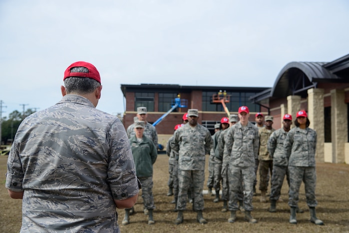 Lieutenant Colonel Joseph Swaim, 560th Rapid Engineer Deployable, Heavy Operational Repair Squadron commander, remembers Brig. Gen. Tom Meredith, during a memorial ceremony Feb. 27, 2013, at Joint Base Charleston – Air Base, S.C. Meredith founded the RED HORSE unit, and was the first commander of the active-duty RED HORSE unit when it was established to train RED HORSE Airmen for service in Vietnam in 1967.