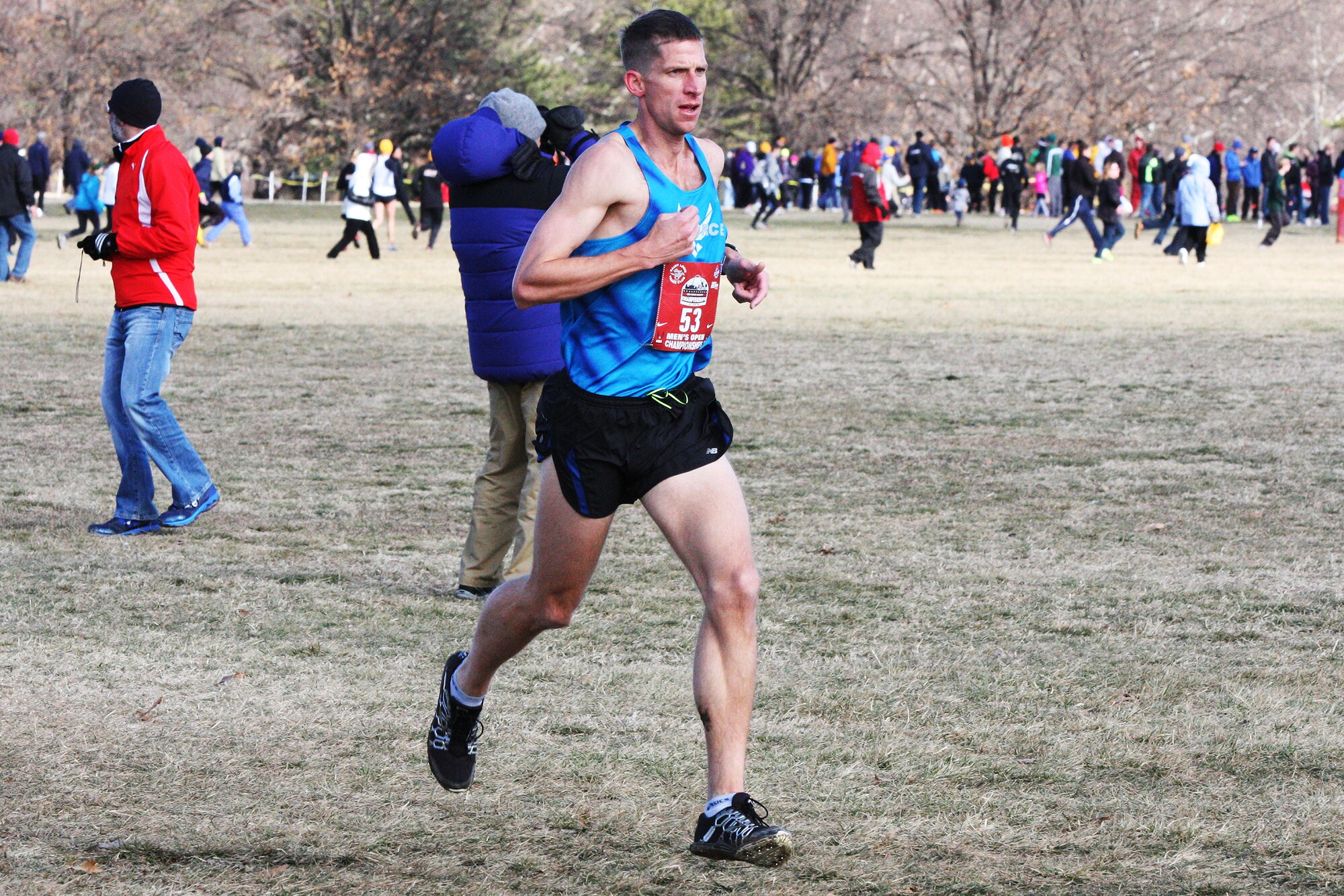 Capt. Jake Johnson, a 48th Airlift Squadron flight commander, runs in a 12K cross country race Feb. 2, 2013 in St. Louis, Johnson, an accomplished runner, has been racing for more than 20 years. (Courtesy Photo)