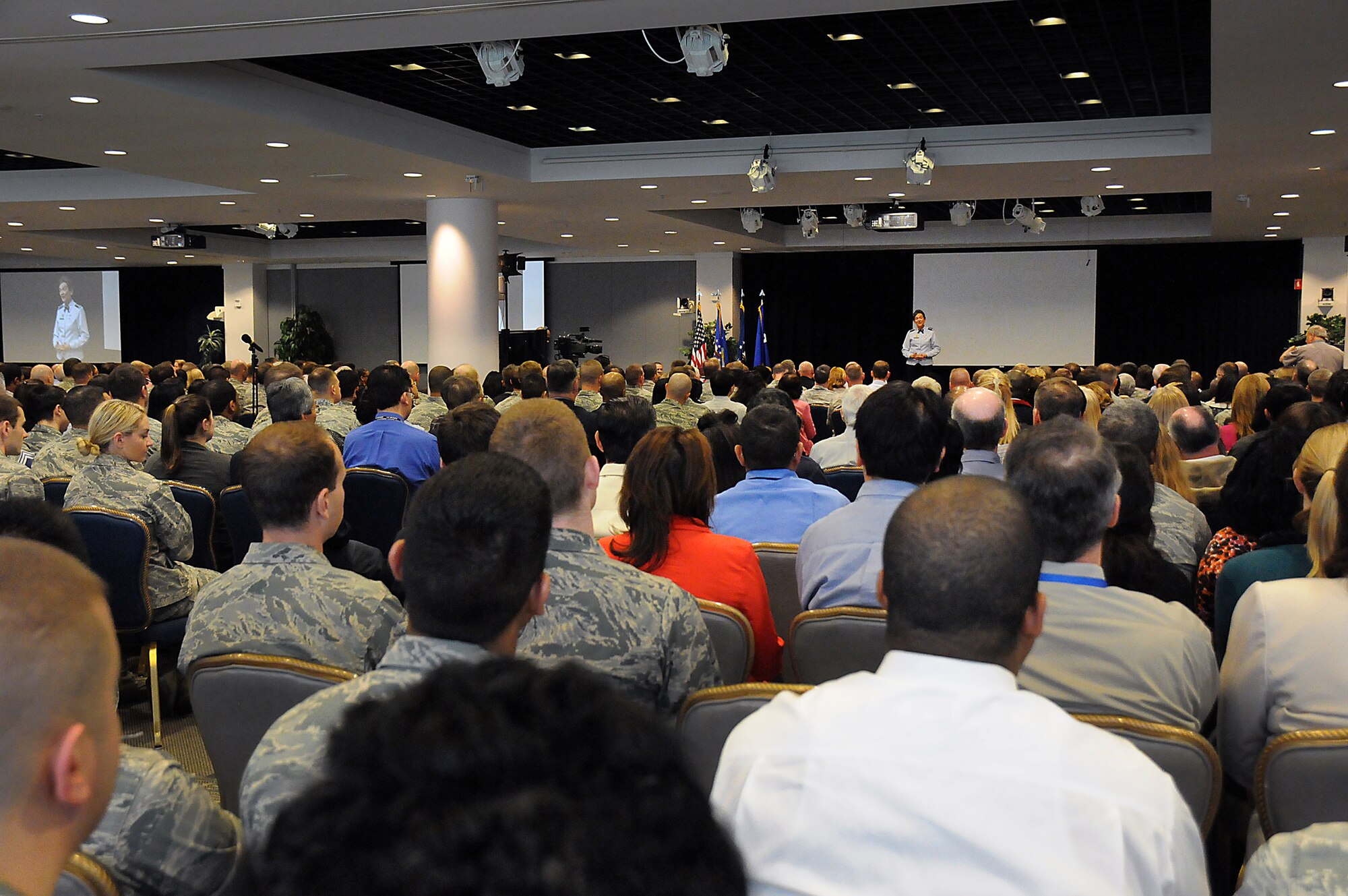 Lieutenant General Ellen Pawlikowski, SMC commander, addresses the base work force, Feb. 28. The general spoke about the state of SMC’s commitments and addressed the FY 13 Budget uncertainty.  (Photo by Joe Juarez)