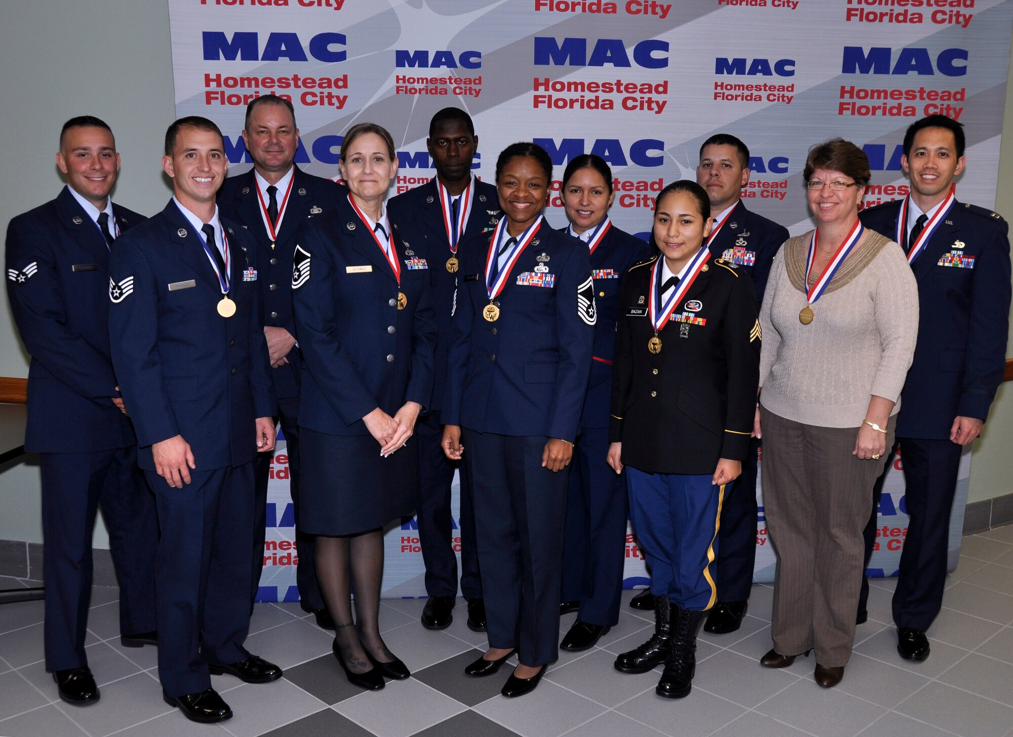 Congratulations to the following Homestead-Florida City Military Affairs Commitee annual award winners from Homestead Air Reserve Base:
- 482nd Fighter Wing Company grade officer: Capt. Raymond Ng, 70th Aerial Port Squadron;
- 482nd FW Senior non commissioned officer: Senior Master Sgt. Dionne S. Copeland, 482nd Communications Squadron;
- 482nd FW Non commissioned officer: Tech. Sgt. Jessie J. Barcala II, 482nd Civil Engineering Squadron;
- 482nd FW Airman: Senior Airman Anthony A. Alvarez, 482nd Aircraft Maintenance Squadron;
- 482nd FW First sergeant: Senior Master Sgt. James D. Bailey, 70th APS;
- 482nd FW Civilian category I: Ms. Barbara Rose, 482nd CS;
- 482nd FW Civilian category II: Mr. Rudolph Panacci, 482nd Operations Support Squadron;
- 482nd FW Civilian category III: Ms. Diana Alfonso, 482nd OSS;
- Southern Operations Command South: Sgt. Neshme Bazan;
- SOCSOUTH Civilian: Ms. Sherry Cockfield;
- Det 1, 125th Fighter Wing Defense Warrior of the Year: Tech. Sgt. Alex Coleman;
- U.S. Coast Guard Maritime Safety and Security Team Miami: Yeoman 2nd Class Leslie A. Morales (U.S. Air Force photo/Senior Airman Nicholas Caceres)