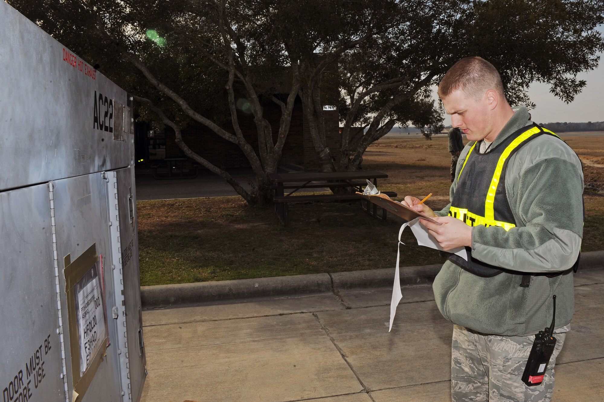 U.S. Air Force Staff Sgt. Richard Powell, 4th Logistics Readiness Squadron air terminal operations technician, checks off a cargo deployment increment checklist during Operational Readiness Inspection CORONET WHITE on Seymour Johnson Air Force Base, N.C., Mar. 5, 2013. The inspection tests Airmen in pre-deployment processes, emergency situations and the ability to survive and operate in a deployed environment. (U.S. Air Force photo/Airman 1st Class John Nieves Camacho/Released)