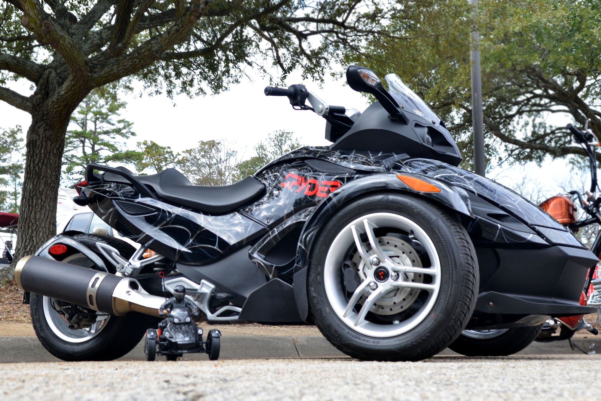 A three-wheeled Can-Am Spyder sits on display for the “Car-Nival” car show, Shaw Air Force Base, S.C., March 2, 2013. The event had about 50 vehicles on display that ranged from old classics to newer models. (U.S. Air Force photo by Airman 1st Class Ashley L. Gardner/ Released)