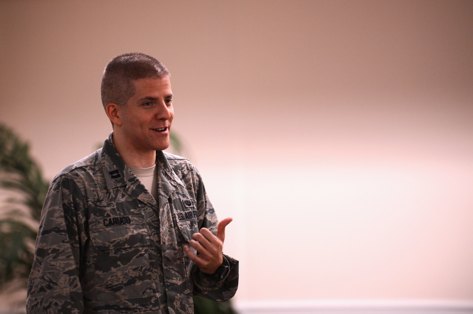 U.S. Air Force Capt. Rodrigo Caruço, 20th Fighter Wing assistant staff judge advocate, speaks at the 2013 Air Force Assistance Fund campaign breakfast at the Carolina Skies Club and Conference Center, Shaw Air Force Base, S.C., Feb., 28, 2013.  Four major charities, all of which help Airmen, benefit the AFAF: the Air Force Aid Society, Air Force Villages, Air Force Enlisted Villages, and the General and Mrs. Curtis E. LeMay Foundation.  (U.S. Air Force photo by Airman 1st Class Nicole Sikorski/Released)