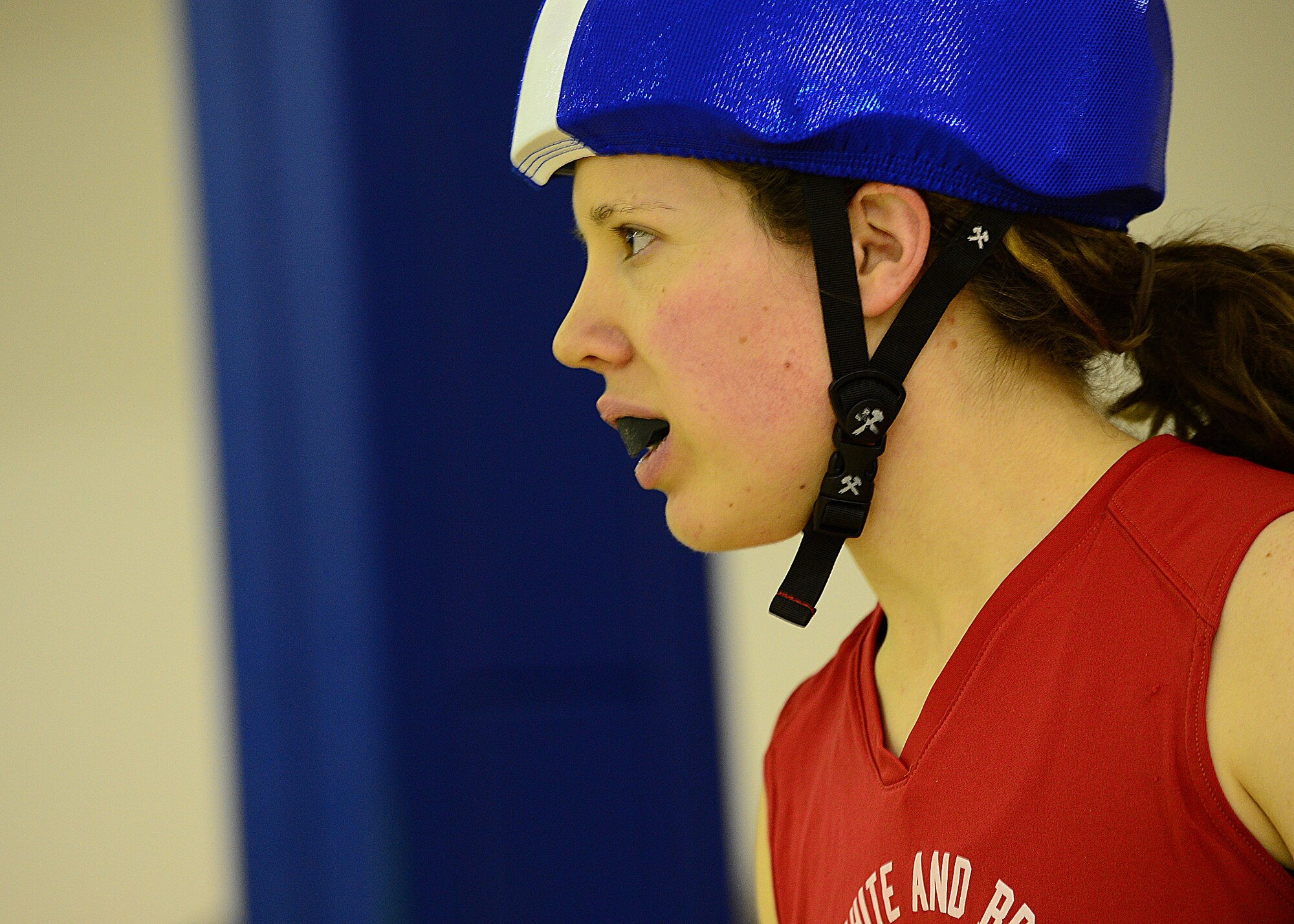 ROYAL AIR FORCE LAKENHEATH, England - Karri Hackney, president of Red, White and Bruises Rollers, takes a second to catch her breath between scrimmages Feb. 21, 2013. RWBR is a private derby league at RAF Lakenheath and is open to women 18 years or older with base access. (U.S. Air Force photo by Staff Sgt. Stephanie Mancha)