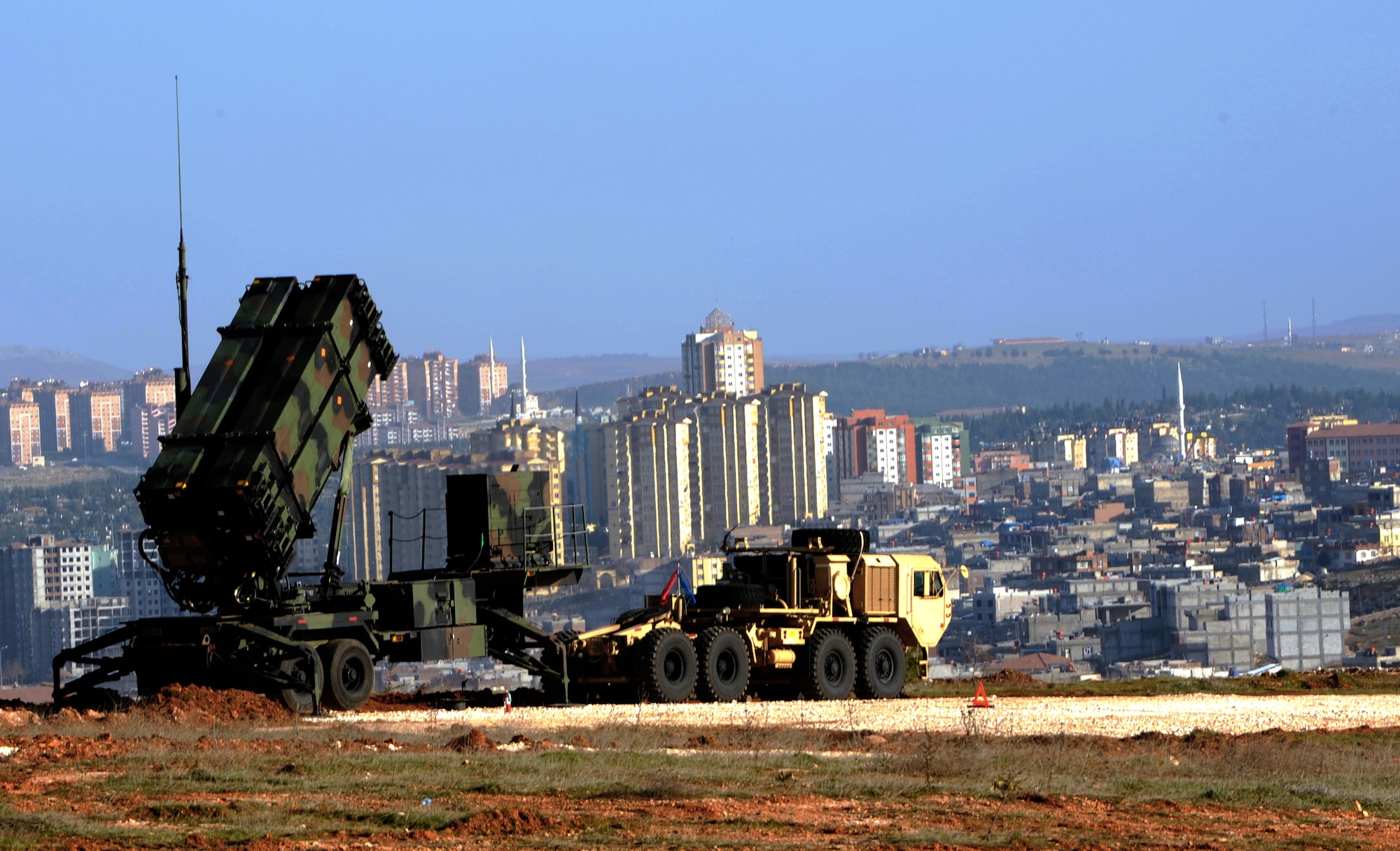 Patriot missiles stand guard over Gaziantep, Turkey, Feb. 28, 2013. Soldiers from the 3rd Battalion, 2nd Air Defense Artillery unit from Fort Sill, Okla., are deployed to Turkey to support the NATO mission of promoting regional stability and to augment Turkey's air defenses. (U.S. Air Force photo by Senior Airman Daniel Phelps/Released)
