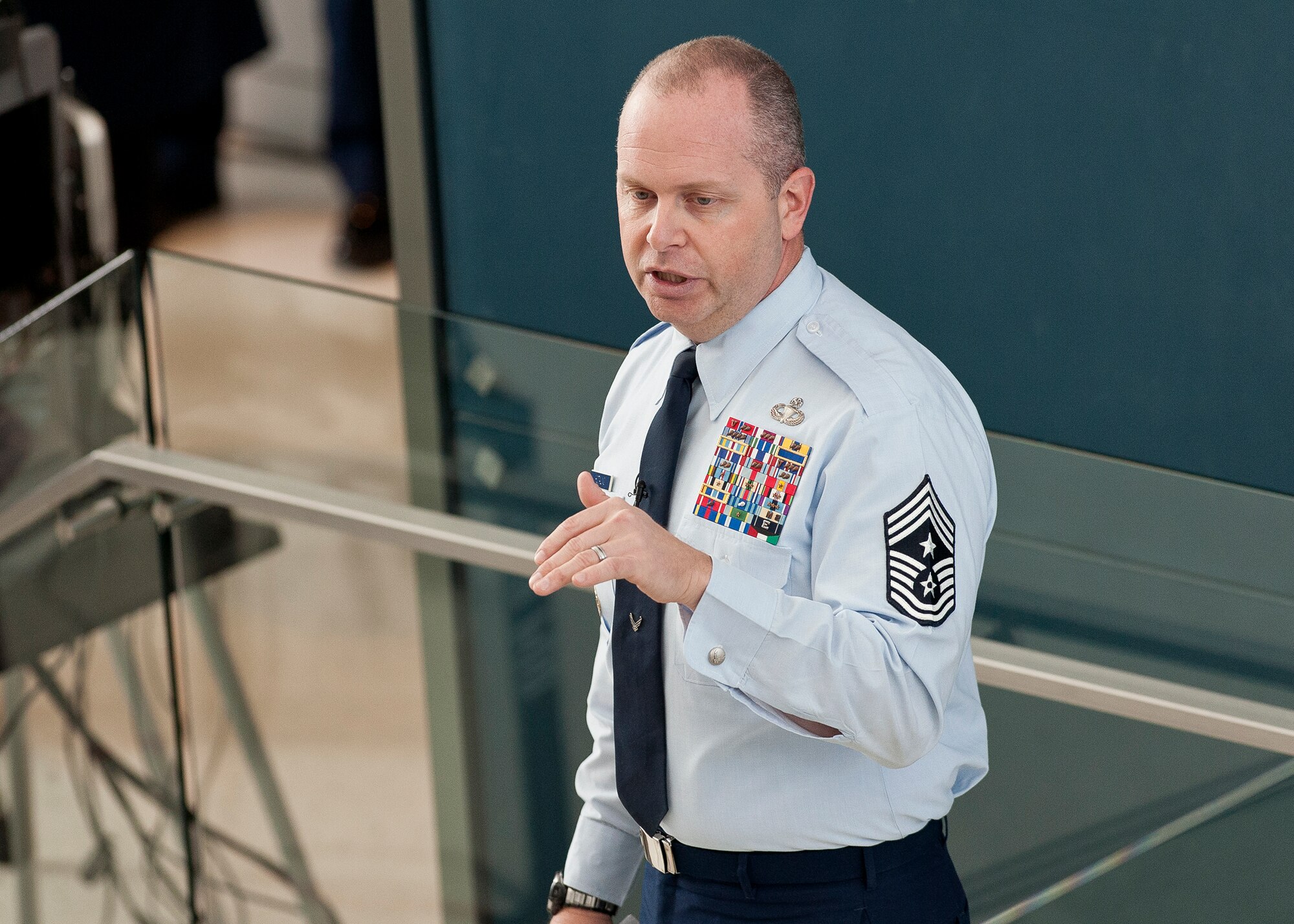 Chief Master Sergeant James W. Hotaling, Air National Guard Command Chief, met with Airmen in the National Capital Region for the first time during an enlisted call at the ANG Readiness Center. Hotaling is the 11th Command Chief of the ANG and discussed three key aim points; the profession of arms, the health of the force and recognizing and renewing commitment to Airmen. (National Guard photo by Master Sergeant Marvin R. Preston/RELEASED)