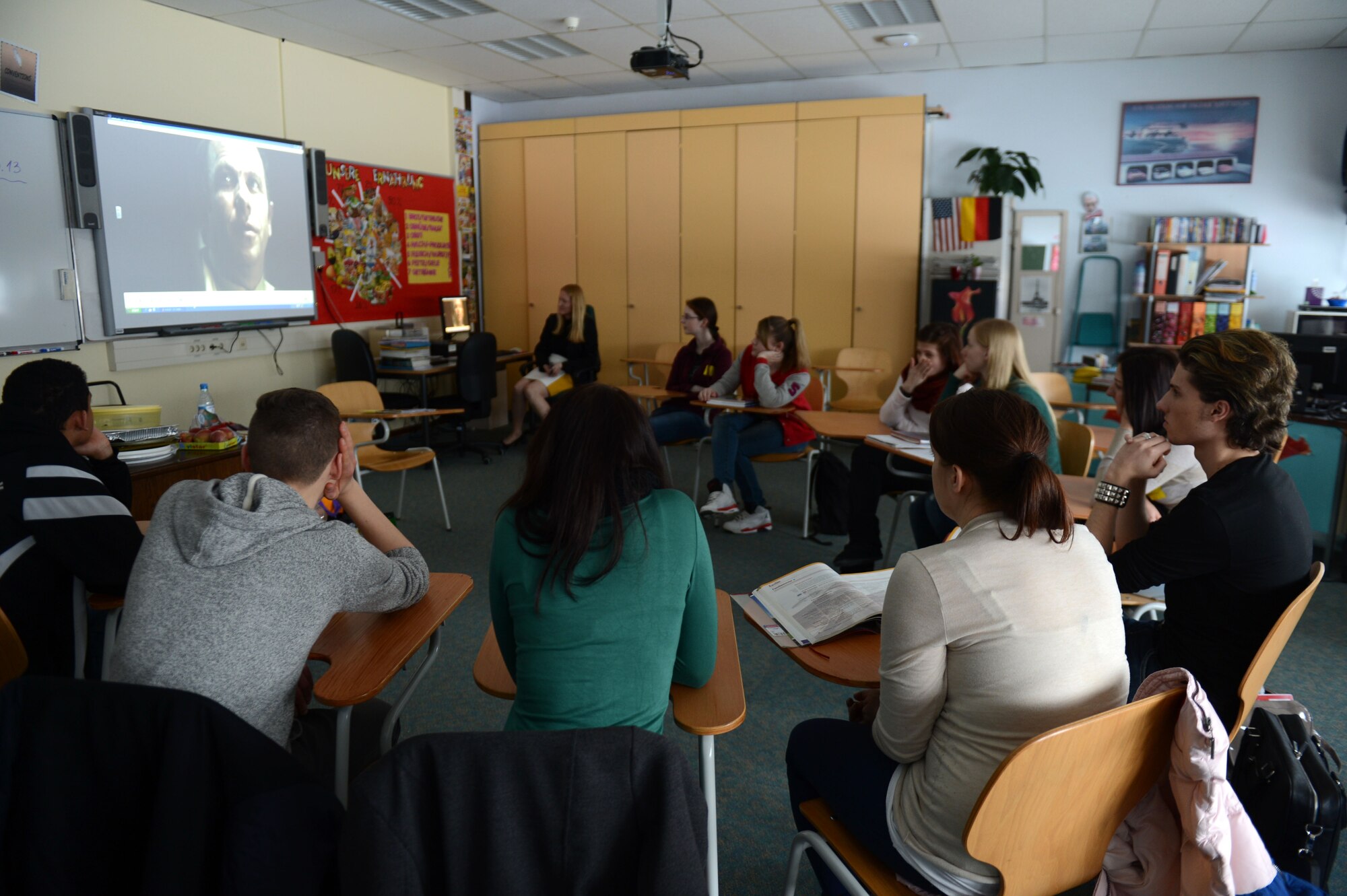 BITBURG, Germany – American and German students watch a video in a German language class during a school exchange program at Bitburg High School Feb. 25, 2013. A total of 22 German students attended the exchange. (U.S. Air Force photo by Airman 1st Class Gustavo Castillo/Released)