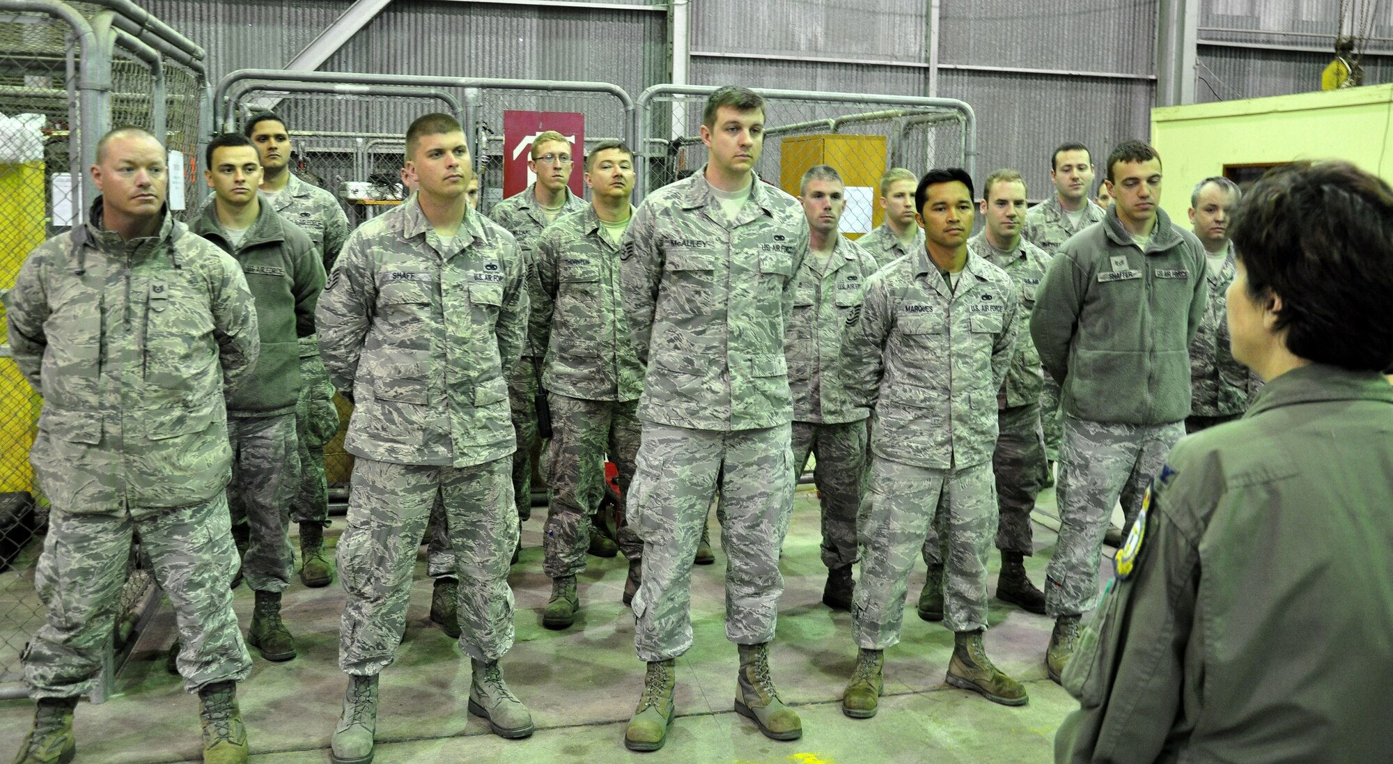 Col. Nancy Bozzer, 100th Operations Group commander, addresses deployed Airmen of the 100th Aircraft Maintenance Squadron during her visit to a deployed location in southwest Europe March 4, 2013. As part of a KC-135 Stratotanker tail swap at the deployed location, Bozzer had the opportunity to visit all Airmen of the 351st Expeditionary Air Refueling Squadron. The 351st EARS, which deployed from the 100th Air Refueling Wing, RAF Mildenhall, England, has been supporting French operations in Mali since January 2013. (U.S. Air Force photo by Capt. Jason Smith)