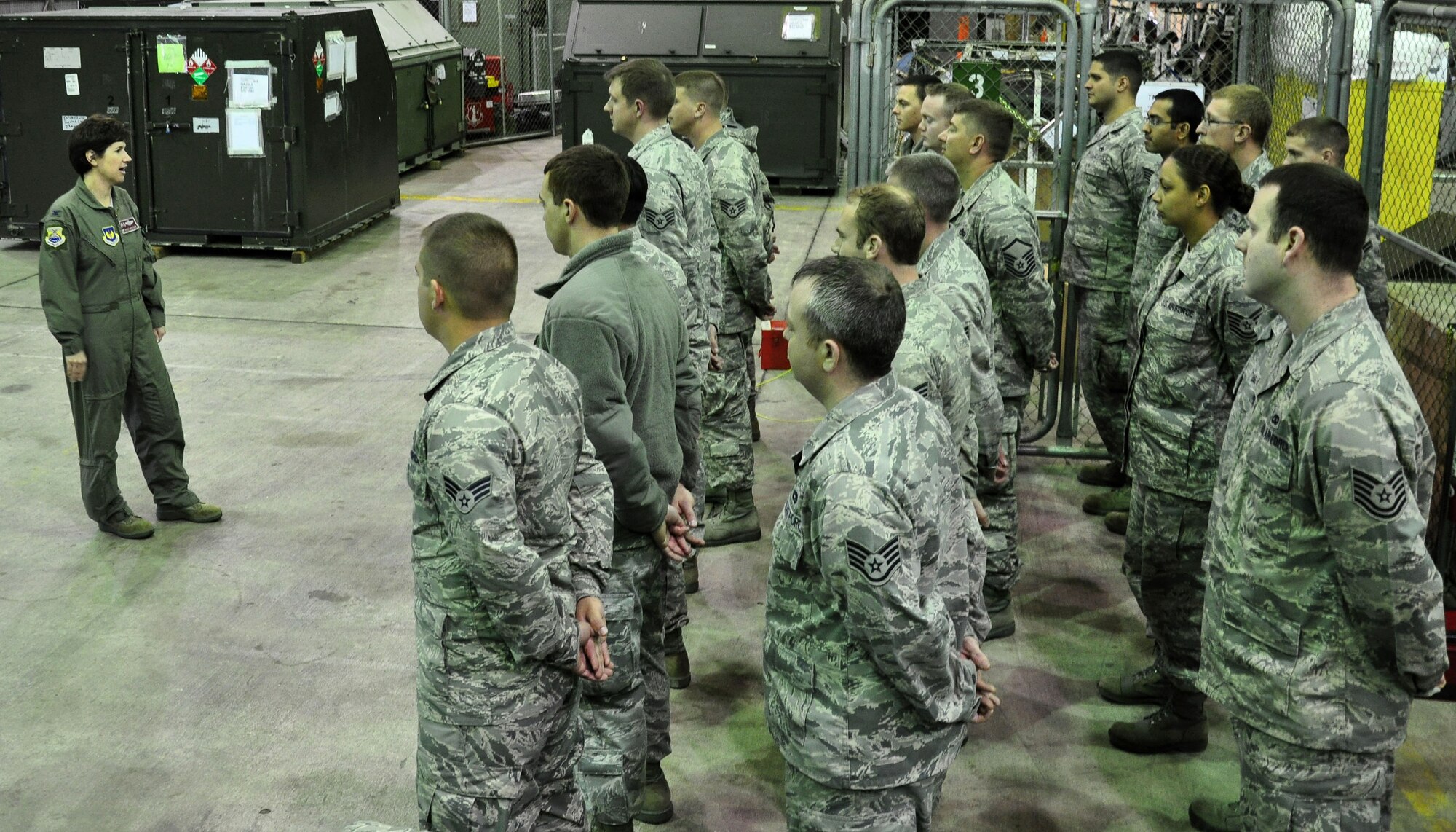 Col. Nancy Bozzer, 100th Operations Group commander, addresses deployed Airmen of the 100th Aircraft Maintenance Squadron during her visit to a deployed location in southwest Europe March 4, 2013. As part of a KC-135 Stratotanker tail swap at the deployed location, Bozzer had the opportunity to visit all Airmen of the 351st Expeditionary Air Refueling Squadron. The 351st EARS, which deployed from the 100th Air Refueling Wing, RAF Mildenhall, England, has been supporting French operations in Mali since January 2013. (U.S. Air Force photo by Capt. Jason Smith)