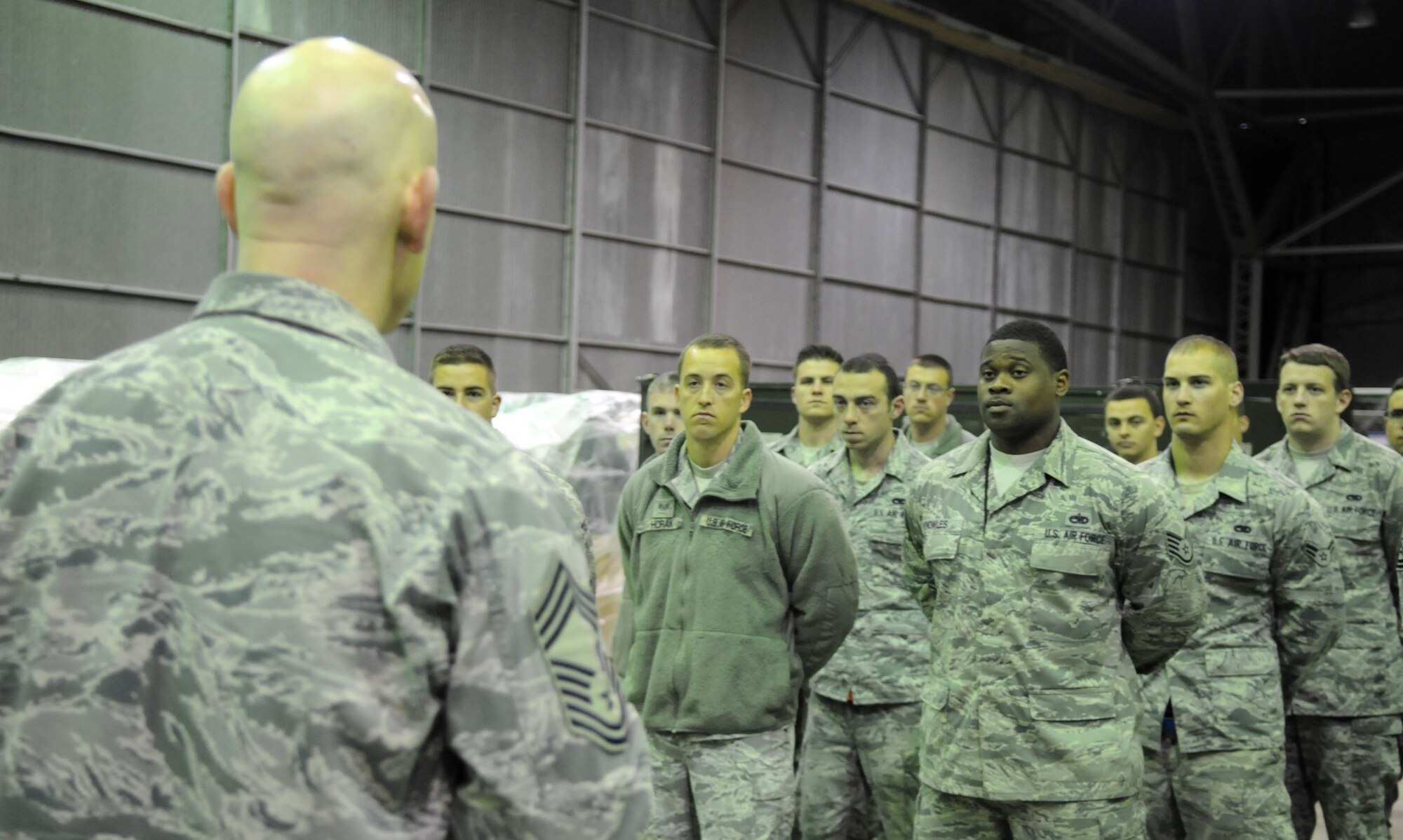 Chief Master Sgt. Gregory Warren, 100th Operations Group chief enlisted manager, visits with deployed aircraft maintainers in southwest Europe March 3, 2013. As part of a KC-135 Stratotanker tail swap at the deployed location, the chief had the opportunity to visit all Airmen of the 351st Expeditionary Air Refueling Squadron. The 351st EARS, which deployed from the 100th Air Refueling Wing, RAF Mildenhall, England, has been supporting French operations in Mali since January 2013. (U.S. Air Force photo by Staff Sgt. Austin M. May)
