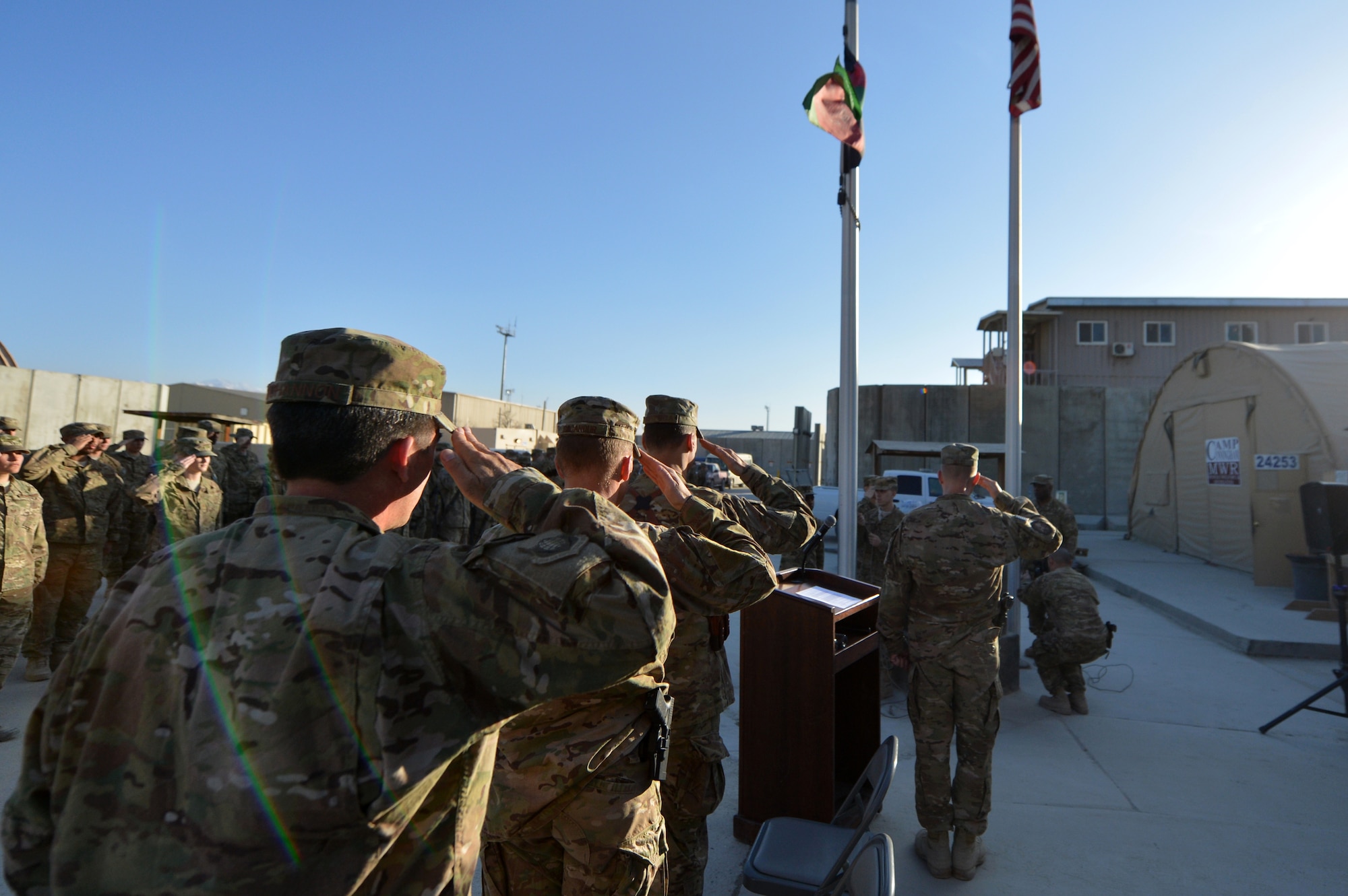 Members of Team Bagram honor Airmen who have fallen in support of Operation Enduring Freedom at Camp Cunningham on Bagram Airfield, Afghanistan, March 5, 2013.  Camp Cunningham was named in honor of Senior Airman Jason Cunningham who was killed in action, March 4, 2002.  (U.S. Air Force photo/Senior Airman Chris Willis)                  
