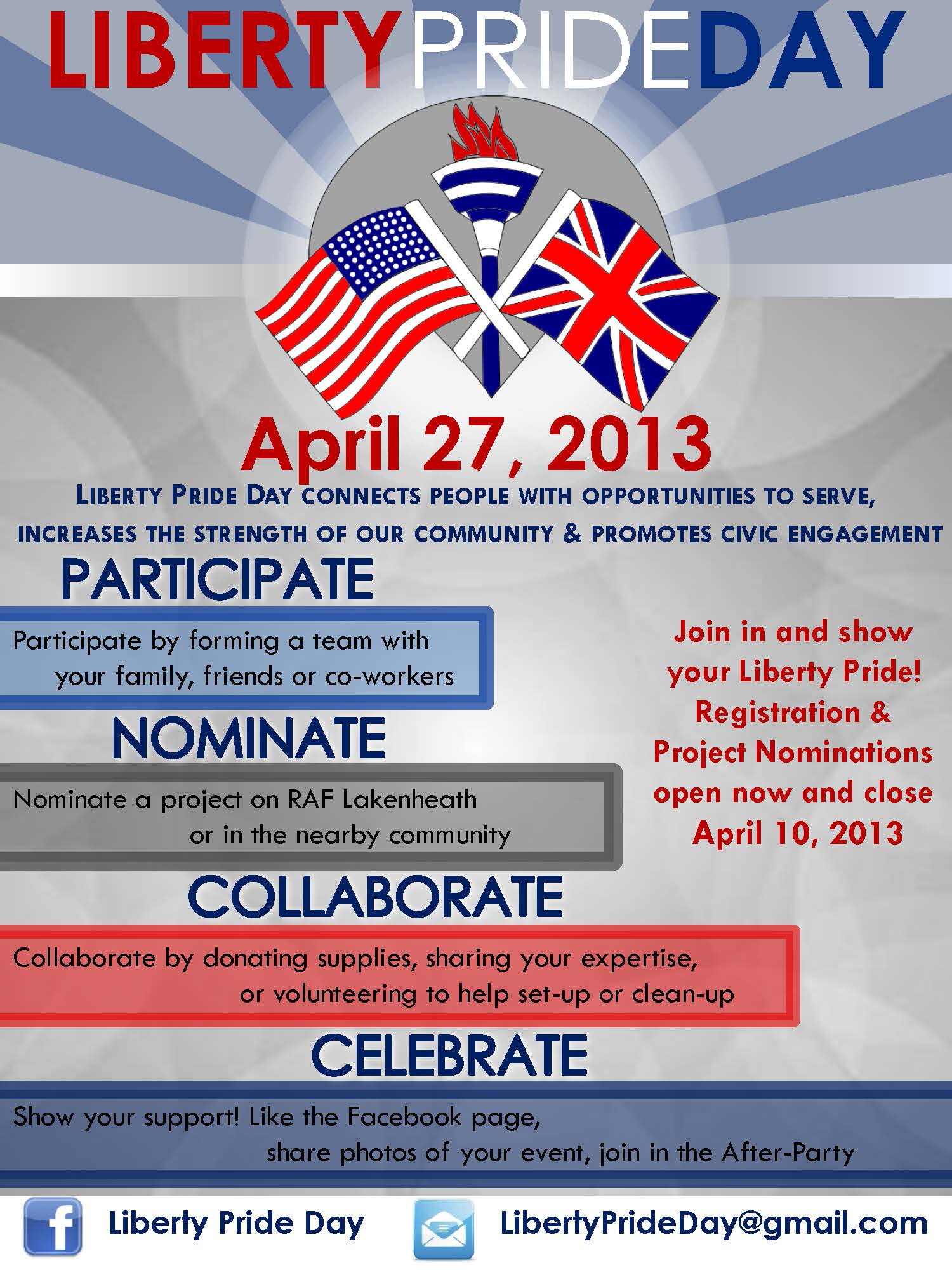 ROYAL AIR FORCE LAKENHEATH, England -- Liberty Pride Day connects people with opportunities to serve, increases the strength of our community and promotes civic engagement. Join in and show your Liberty Pride! Registration and project nominations are now open and will close April 10. (courtesy graphic)