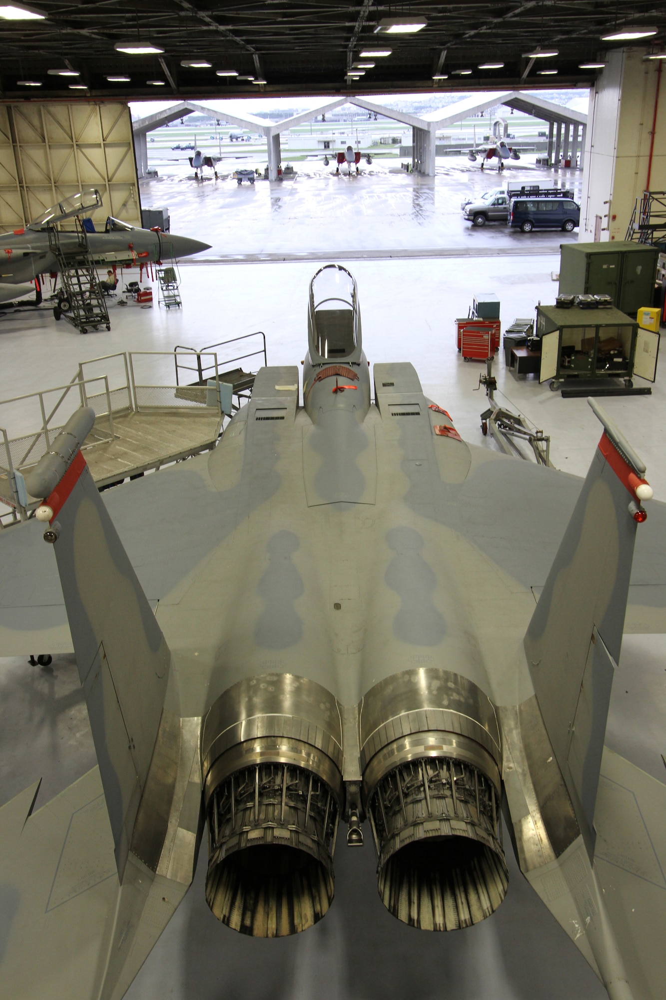 A 44th Fighter Squadron F-15 Eagle fighter aircraft undergoes maintenance on Kadena Air Base, Japan. The 44th FS was recently awarded the Raytheon Trophy for 2012. (Courtesy photo by Jake Melampy)