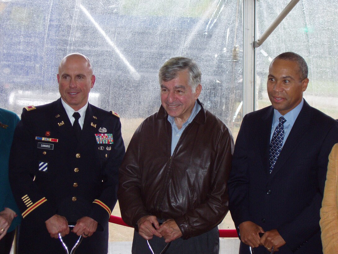Col. Charles Samaris, New England District Commander, Michael Dukakis, former Massachusetts Governor, and current Massachusetts Governor Deval Patrick, prepare to break ground at the Muddy River Restoration Project event at the project site in Boston, Mass., Oct. 10. The Muddy River is a small waterway located in the Boston metropolitan area. Concurrent with actions by the local communities, the Corps of Engineers was authorized to study the Muddy River by a series of legislative acts.      