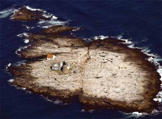 An aerial view of Mount Desert Rock, Maine, shows the tiny, remote, treeless island where scientists recently conducted sea spray studies.