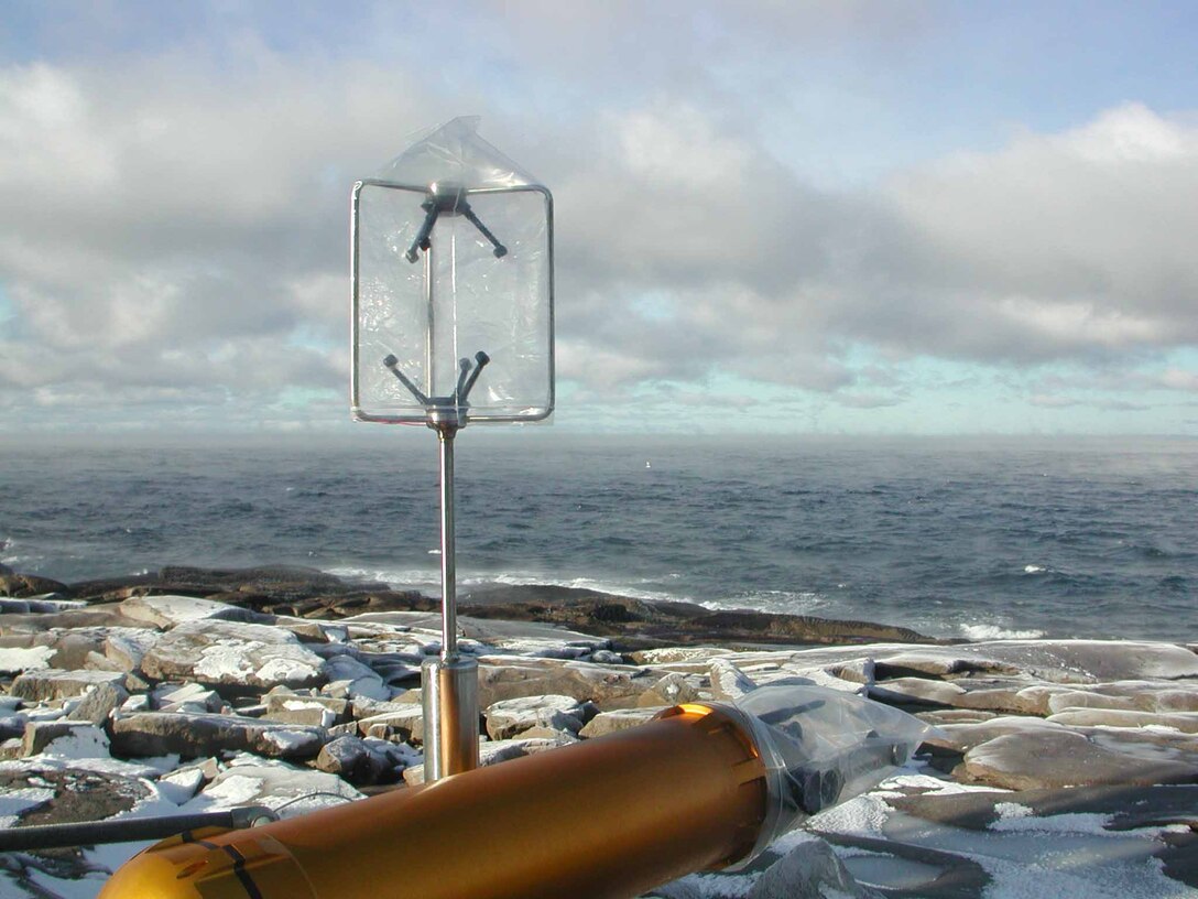 A cloud imaging probe with sonic anemometer on the foghorn platform, used to measure sea spray. 