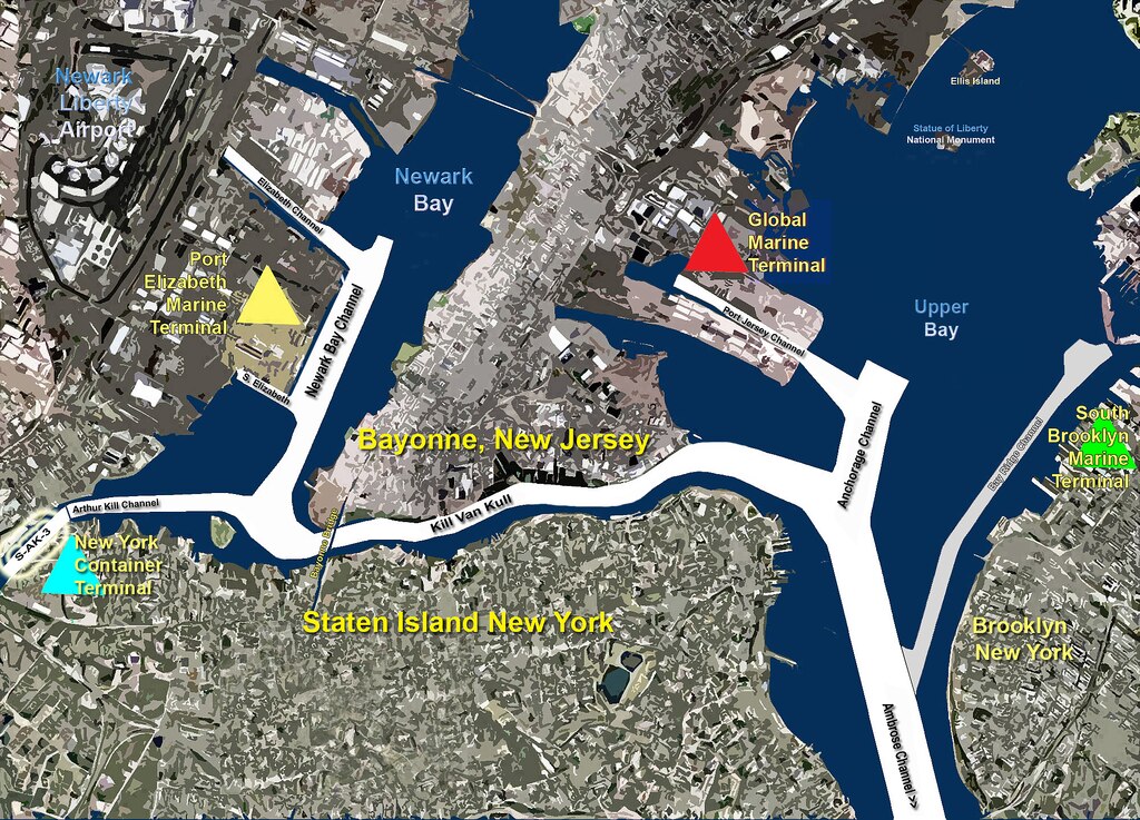 Aerial of navigation channels deepened to 50 ft leading to the four major port terminals in the Port of New York and New Jersey.  The deepening of the Arthur Kill Channel is expected to be completed in 2014 and will be the final milestone achieved in the overall project.