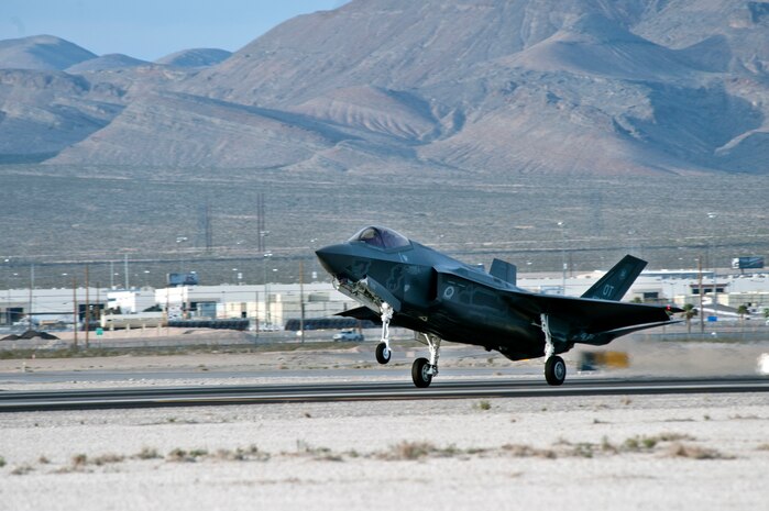 A Lockheed Martin F-35 Lightning II lands at Nellis Air Force Base, Nev., March 6, 2013. The aircraft will be assigned to the 422nd Test and Evaluation Squadron and the aircraft will be used for development test support, force development evaluation, and supporting operational test aircraft at Edwards AFB, Calif. (U.S. Air Force photo by Airman 1st Class Jason Couillard)