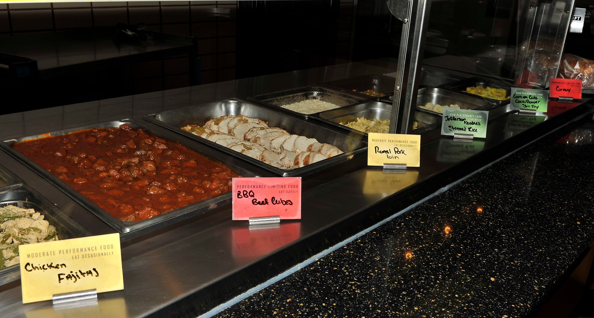 Food is labeled according to the Go for Green program, a nutritional recognition labeling system, at the dining facility Feb. 26, 2013, Eielson Air Force Base, Alaska.  The labeling system provides a quick snapshot of the nutritional value of food choices. (U.S. Air Force photo/Racheal E. Watson)