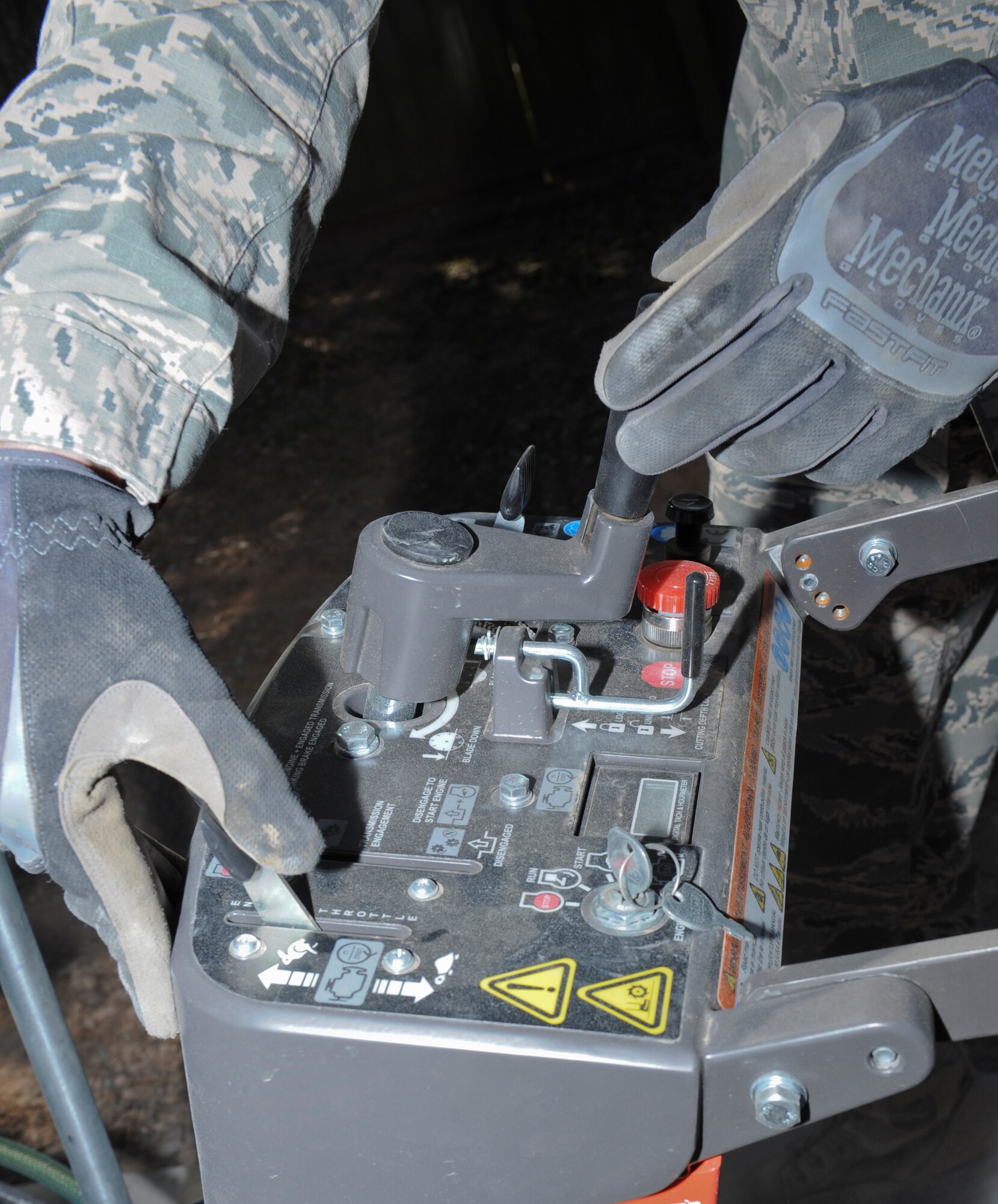 Airman 1st Class Cameron Kruell, 2nd Civil Engineer Squadron Heavy Repair Section, operates a walk behind saw on Barksdale Air Force Base, La., March 6. The heavy repair section, also known as the "Dirt Boys," have the responsibility of maintaining and setting up Barksdale's infrastructure, ranging from roads and pavement, construction projects and Barksdale's flightline. (U.S. Air Force photo/Airman 1st Class Benjamin Gonsier)
