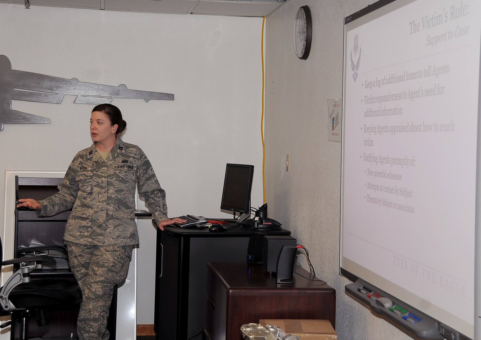 Capt. Dallas Webb, Barksdale's Sexual Assault Response Coordinator, briefs Airmen during a week-long Victim Advocate training on Barksdale Air Force Base, La., Feb. 27. An application must be submitted to the SARC by those seeking to become a VA. Those who are selected are required to have an initial 40 hours of training before becoming a VA. (U.S. Air Force photo/Staff Sgt. Amber Ashcraft)